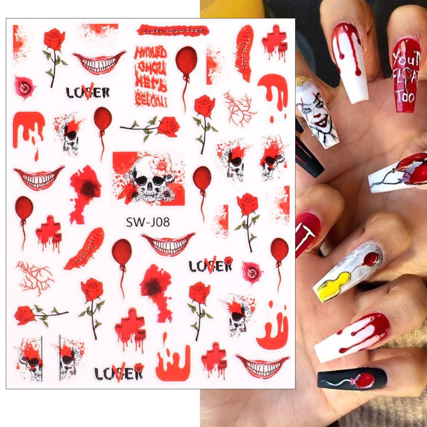 6 Sheets Ghost Halloween Nail Art Stickers Decals Skull Pumpkin Bat Nail Decals 3D Self-Adhesive Red Blood Drop Scar Design Nail Art Stickers Halloween Party Nail Supplies for Women Girls Manicure