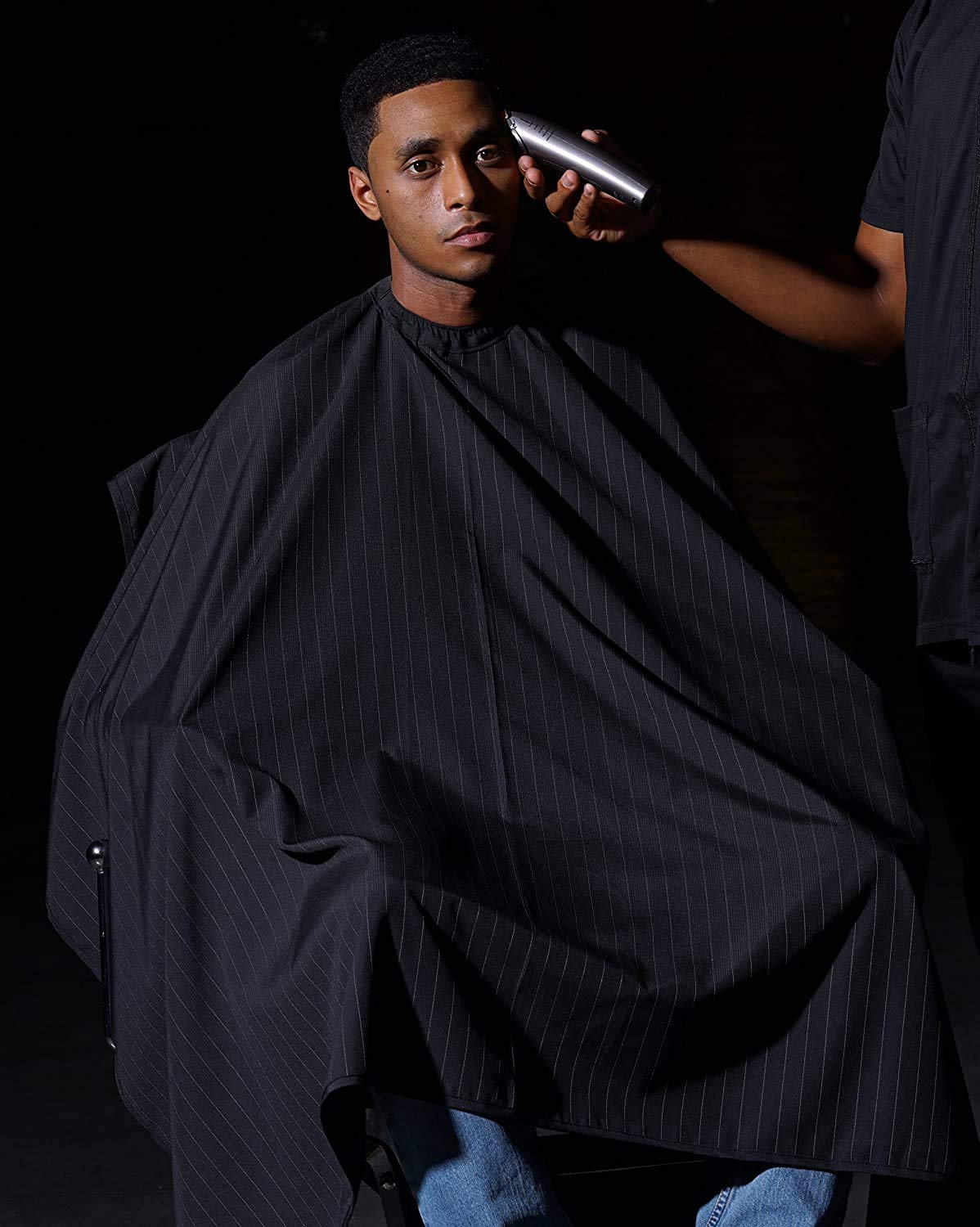 Barber Strong The Barber Cape, Hair Repelling and Static-Reducing Material, Flexible Elastic Neckband for Comfort, Water Resistant Fabric, Oversized for Complete Coverage, Black/White Stripe, 55 x 65"