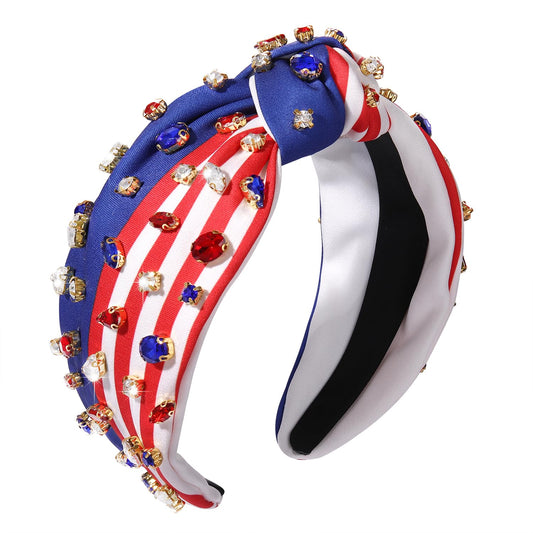 GLBCC 4th of July Headband American Flag Crystal Star Knottted Headband for Women Fourth of July Patriotic Wide Headband