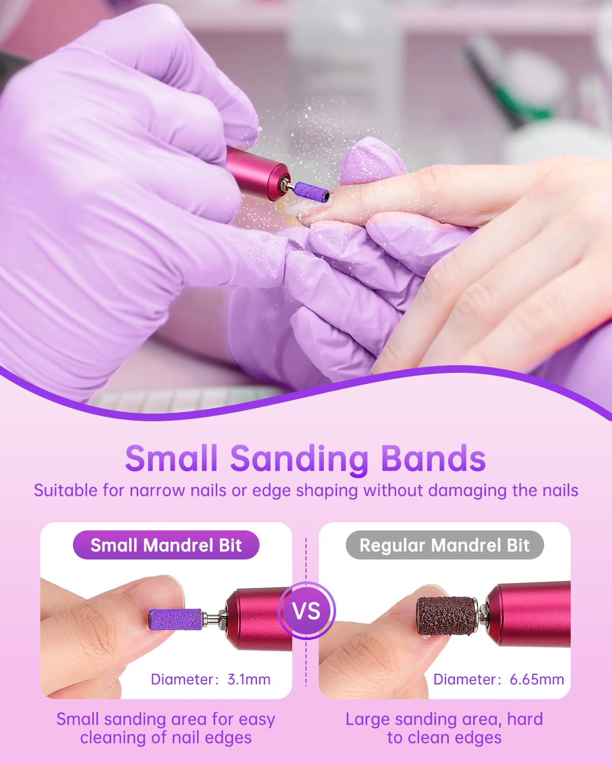 YBLNTEK Sanding Bands for Nail Drill, 80 Pcs Small Sanding Bands with 3.1mm Mandrel Bit, 180 Fine Grit Nail Sanding Bands for Acrylic Nails Gel Removing Nail Salon Home Use, Purple