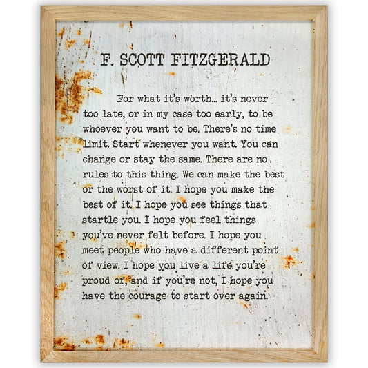 F. Scott Fitzgerald-For What It's Worth-Metal Looking Background-11x14 Framed Typography Book Page Print-Great Inspirational Gift for Wedding/Anniversary/Birthday & Decor for Home/Office