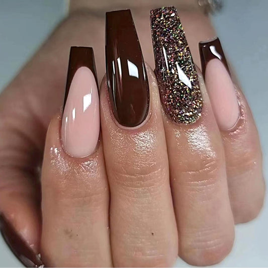 24 Pcs French Tip Press on Nails Long Coffin Burgundy Fake Nails with Glitter Designs False Nails with Glue Full Cover Artificial Acrylic Nails Stick on Nails for Women