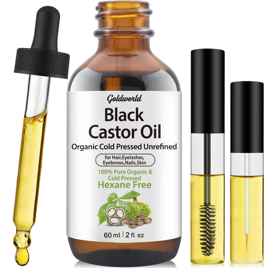 GoldWorld Jamaican 100% Organic Pure Black Castor Oil Cold Pressed,for Hair Eyebrows Eyelash Growth Serum to Grow Lashes,Castor Oil for Skin Body Face,Caster Oils Unrefined in Glass Bottle Hexane Free