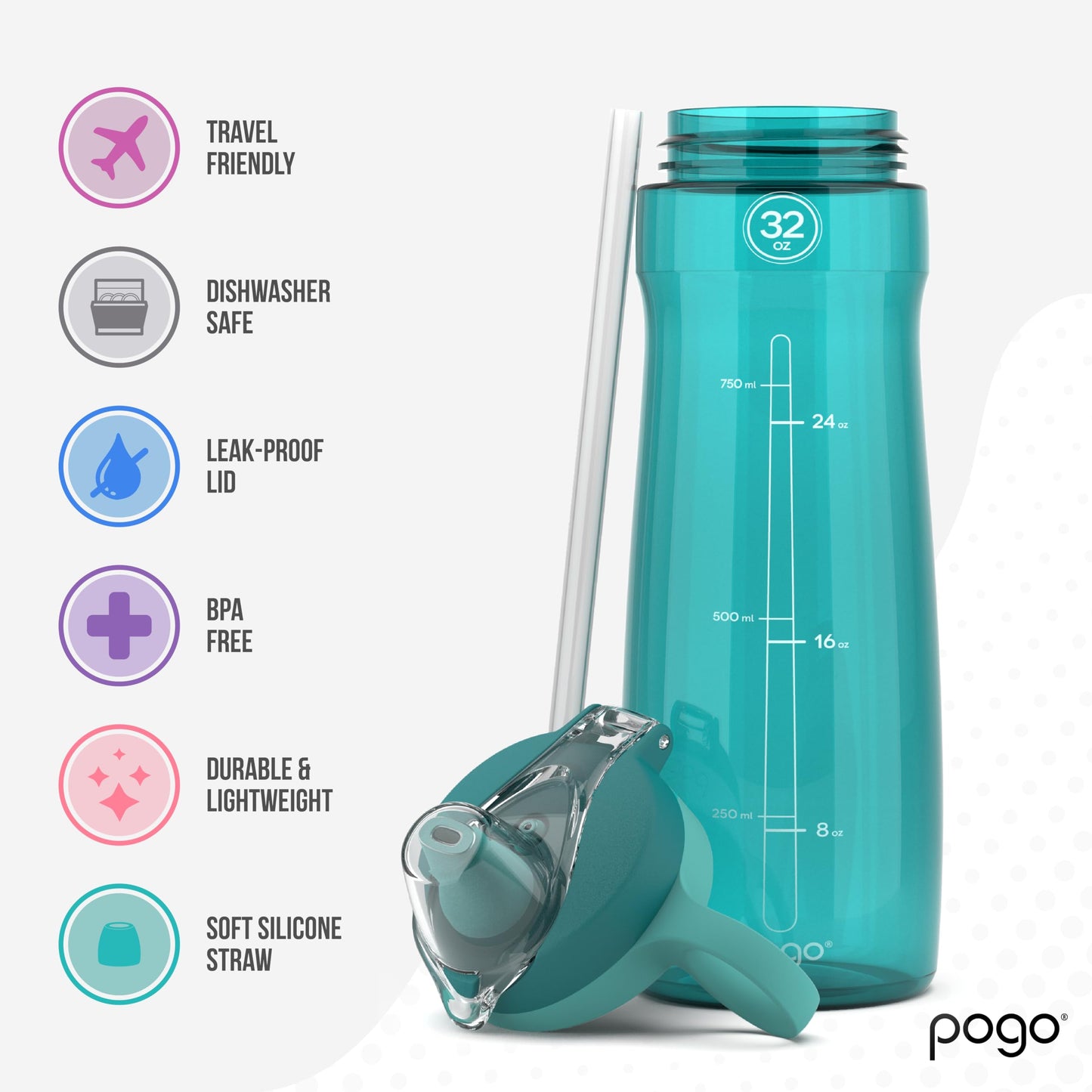 Pogo BPA-Free Tritan Plastic Water Bottle with Soft Straw, 32 Oz, Teal