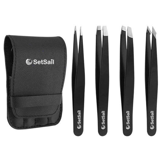 SetSail 4-Piece Tweezers Set, Eyebrow Tweezers Black Stainless Steel Slant, Slanted Pointed, Round Pointed & Flat Tip Tweezers for Precision Grooming for Women & Men