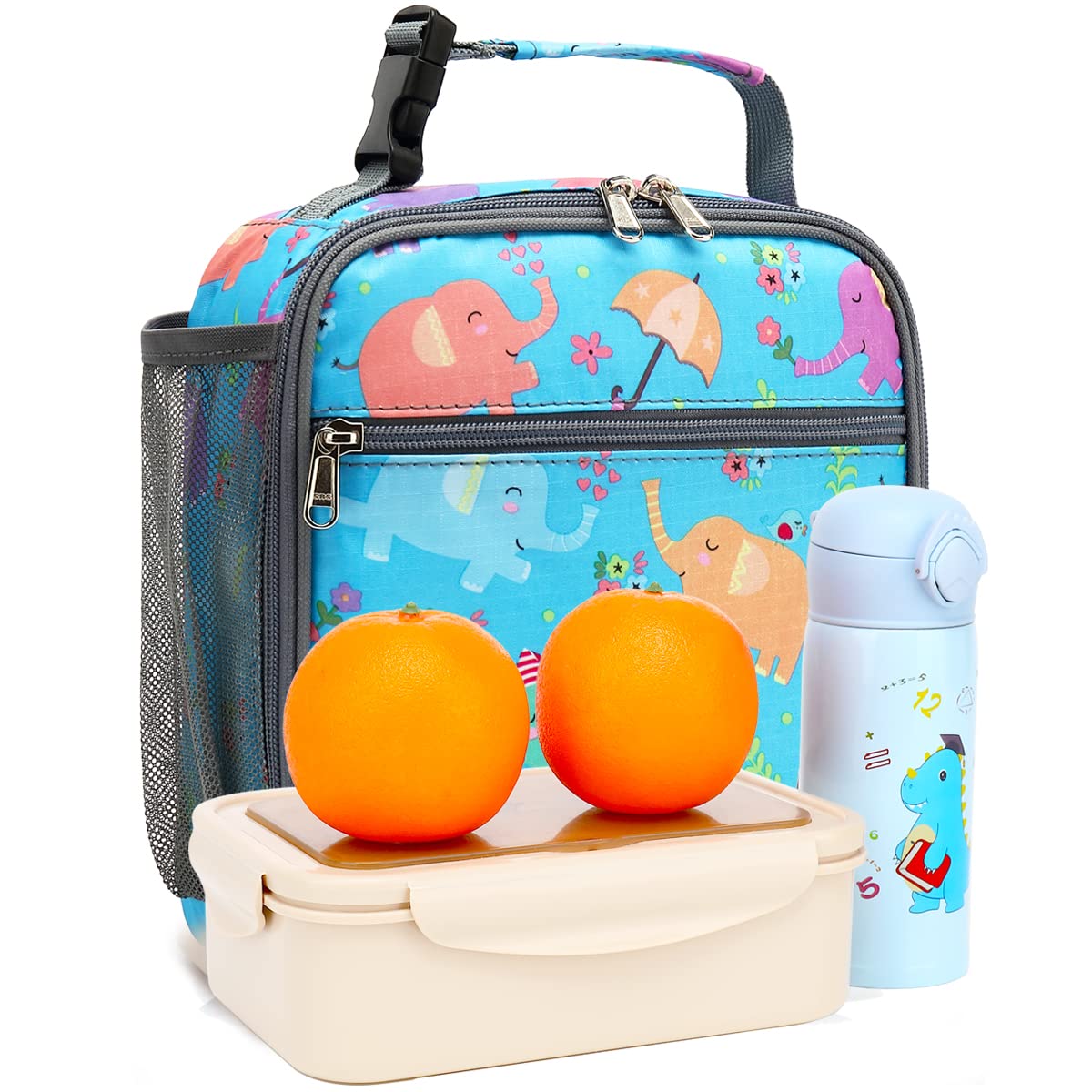 FlowFly Kids Lunch box Insulated Soft Bag Mini Cooler Back to School Thermal Meal Tote Kit for Girls, Boys, Elephant