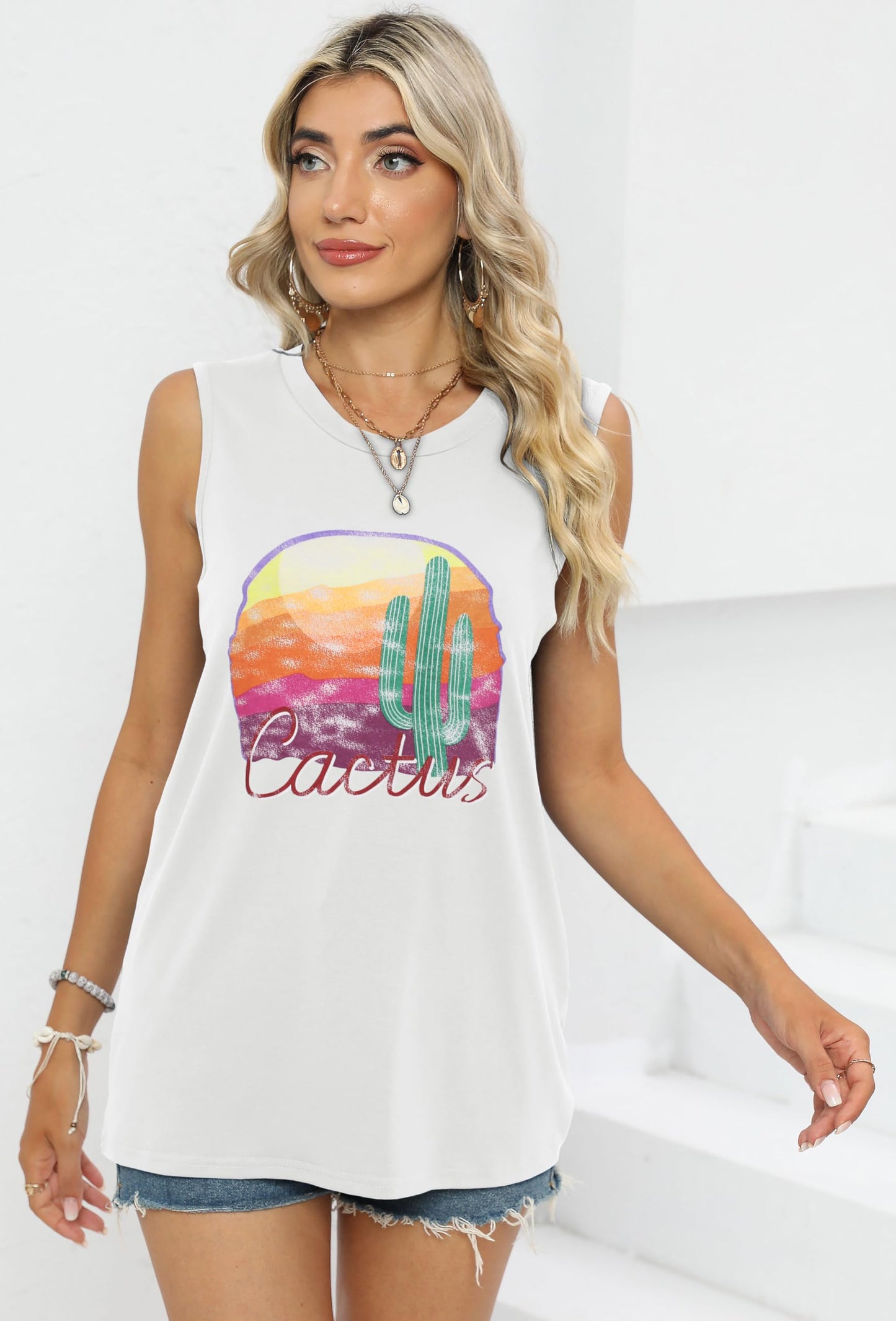 Summer Tops for Women Sleeveless Crew Neck Basic Casual Loose Top (Sunset Cactus, S)