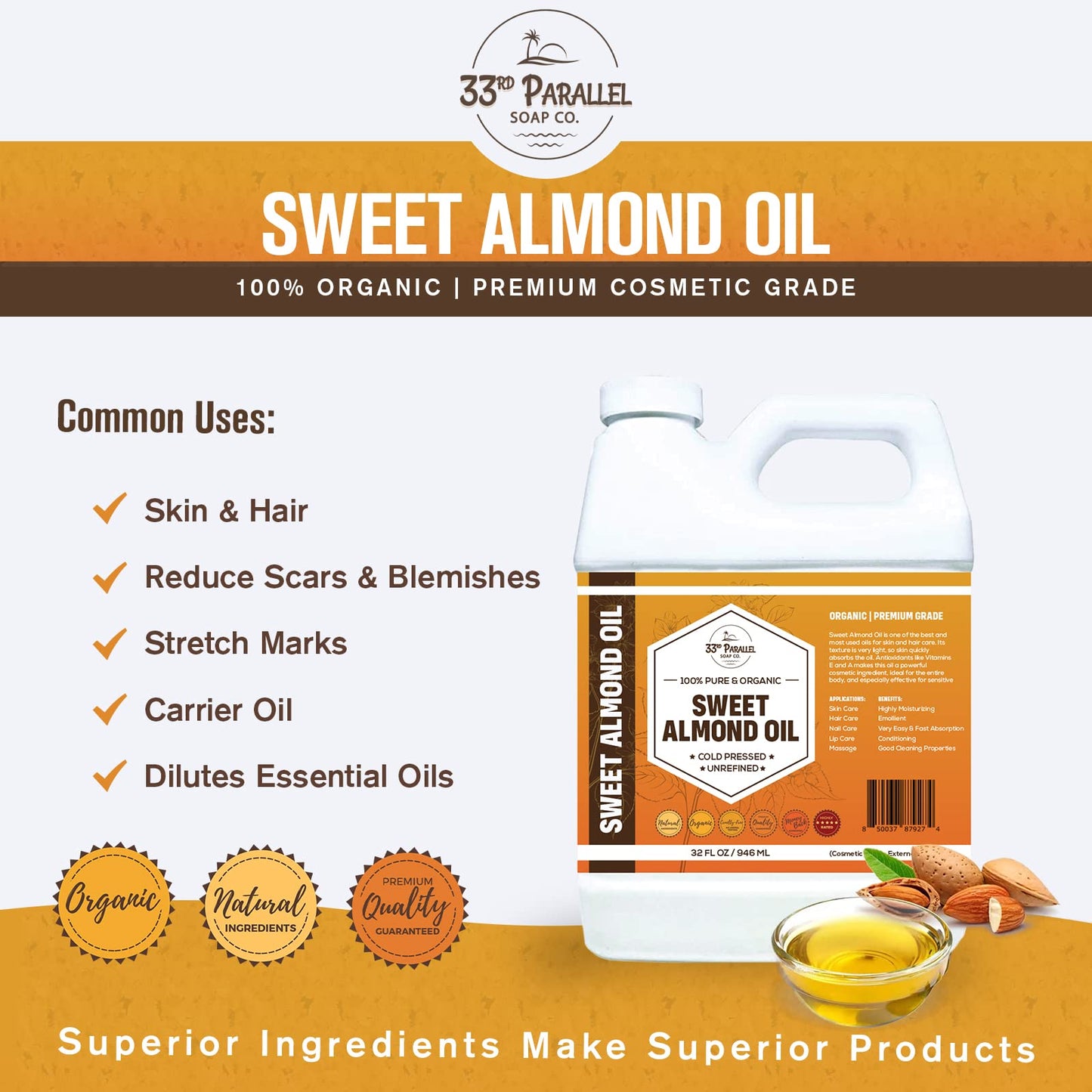 ORGANIC SWEET ALMOND OIL (16 oz) Premium Cold Pressed Unrefined | 100% Pure Sweet Almond Oil for Skin, Face, Hair, Soap Making | Carrier for Essential Oils | Available in Bulk | 16 FL OZ