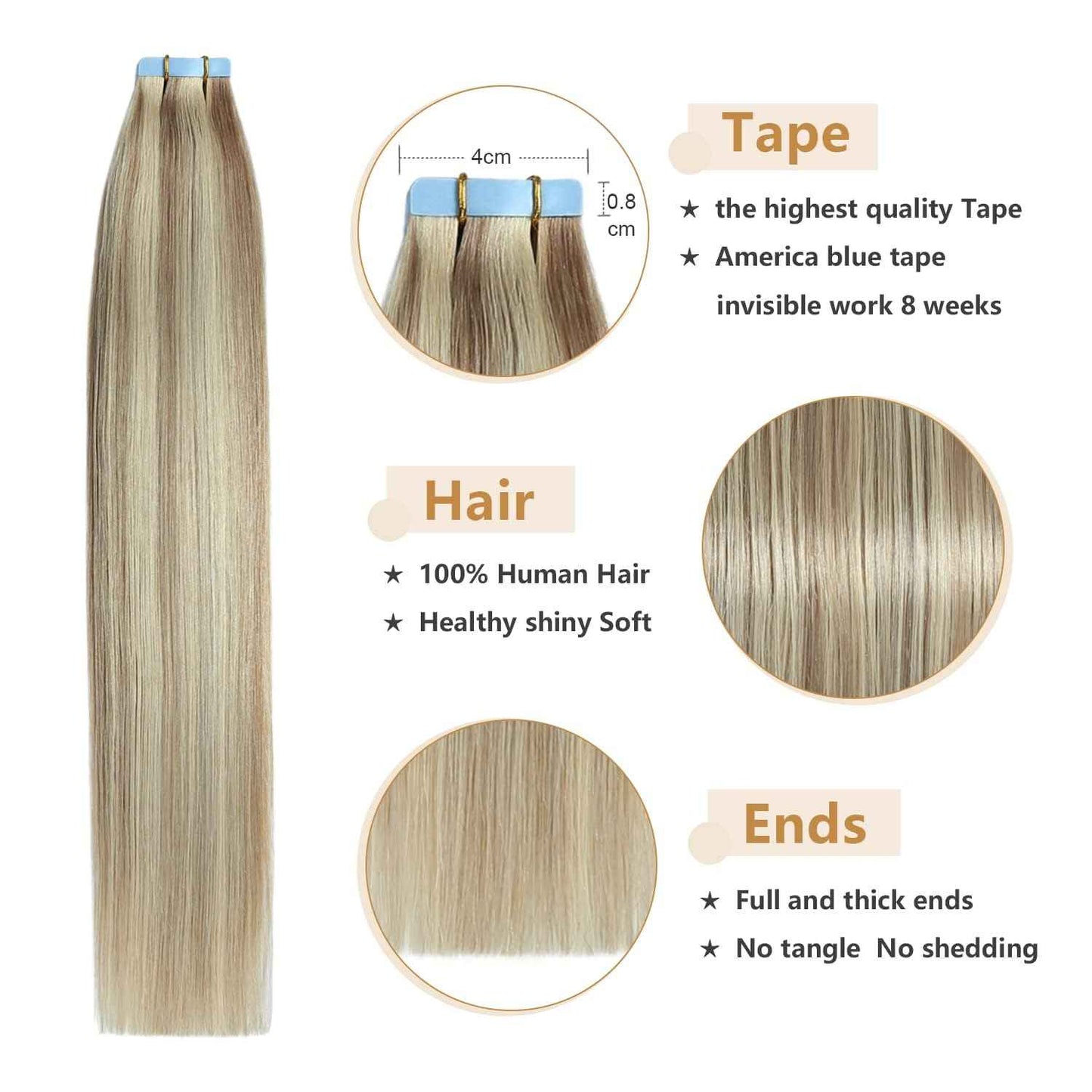 YILITE Tape in Remy Hair Extension Color 18 Ash Blonde Highlighted 613 Bleach Blonde Hair Extensions, #P18/613 Ash Blonde Highlighted Bleach Blonde(12inch P18/613)