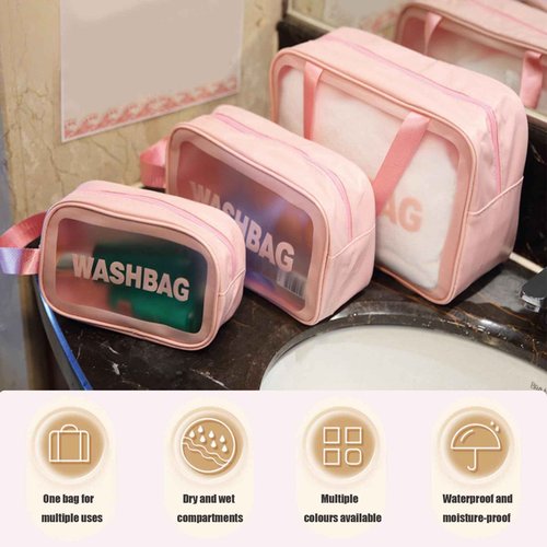BIRDDIE Clear Travel Bags for Toiletries,3 Pack Toiletry Bag,Matte Translucent Toiletry Bag,Makeup Bag With Handy Handle,Travel Pouch,Makeup Cosmetic Organizer for Travel Essentials(Pink)