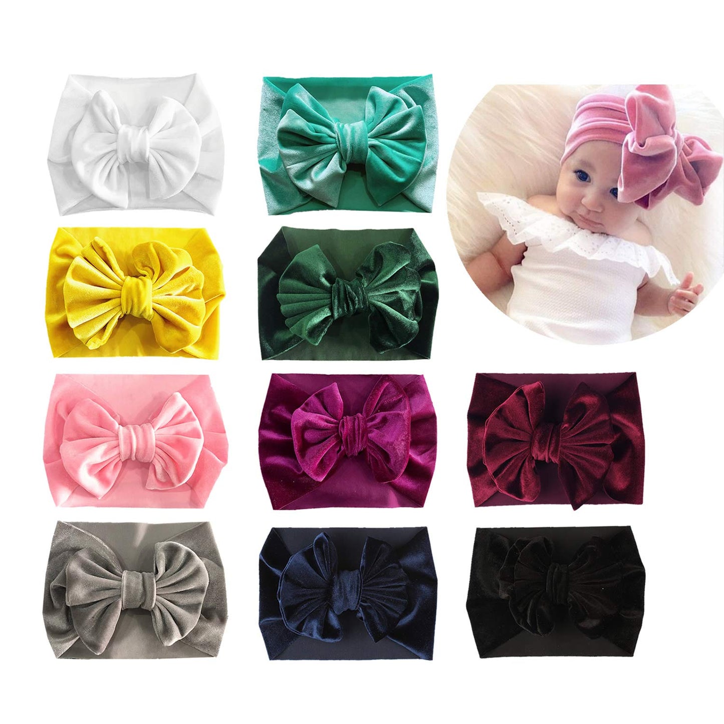 Angla 10 PACK Big Velvet Elastic Stretchy Wide Bowknot Knotted Twist Headbands Hair Bow Wrap Turban Headwraps Holder Accessories for Kids Toddler Infant Newborn Baby Girl Bulk