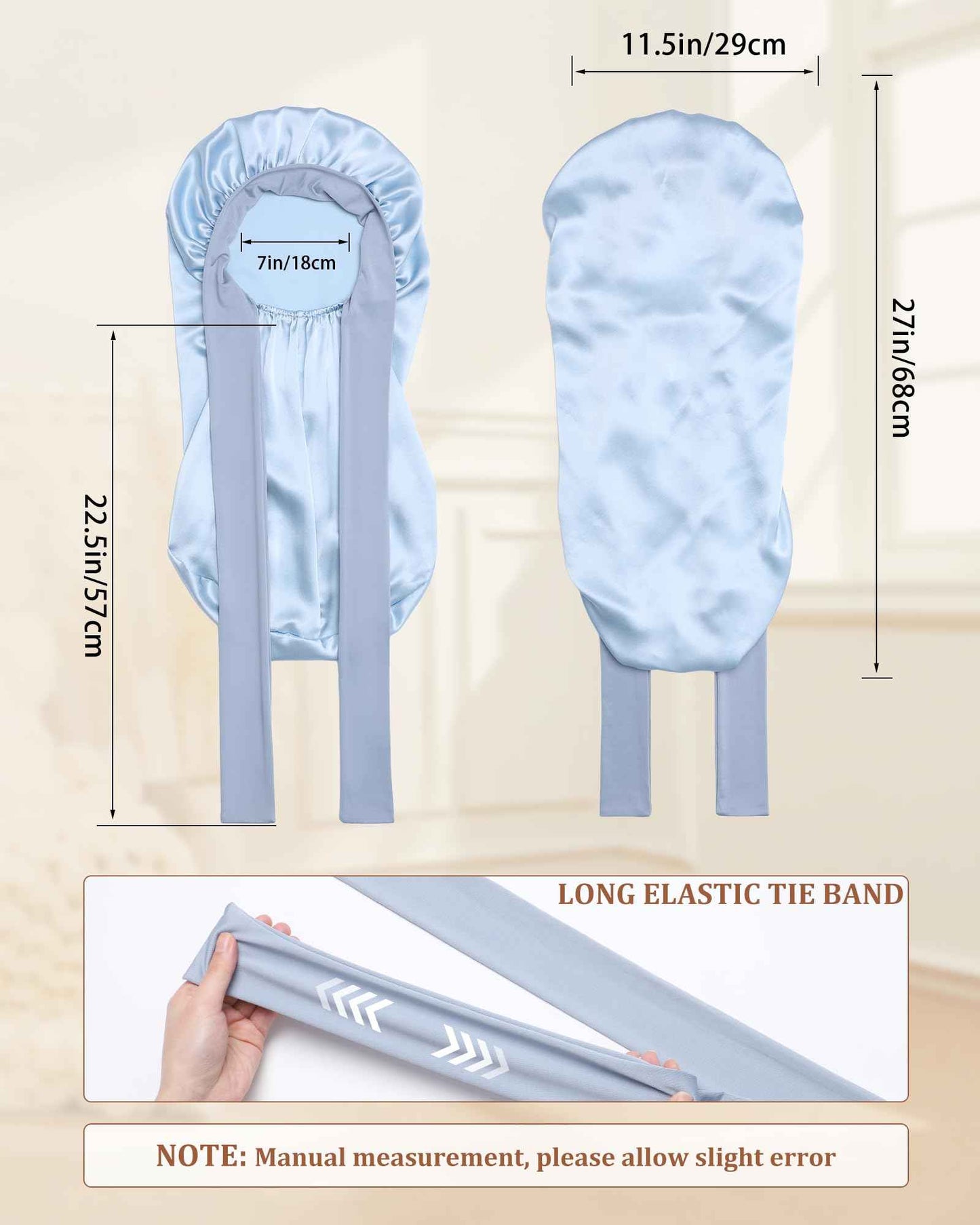 AWAYTR Long Silk Bonnet for Sleeping - 100% Mulberry Silk Bonnet for Women Long Hair Sleep Cap with Elastic Tie Band (Sky Blue)