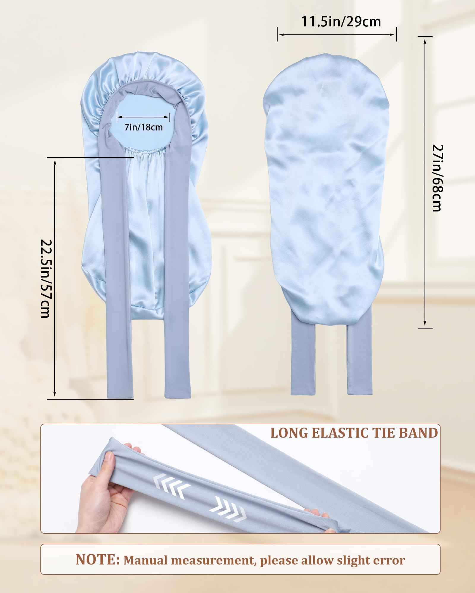 AWAYTR Long Silk Bonnet for Sleeping - 100% Mulberry Silk Bonnet for Women Long Hair Sleep Cap with Elastic Tie Band (Sky Blue)