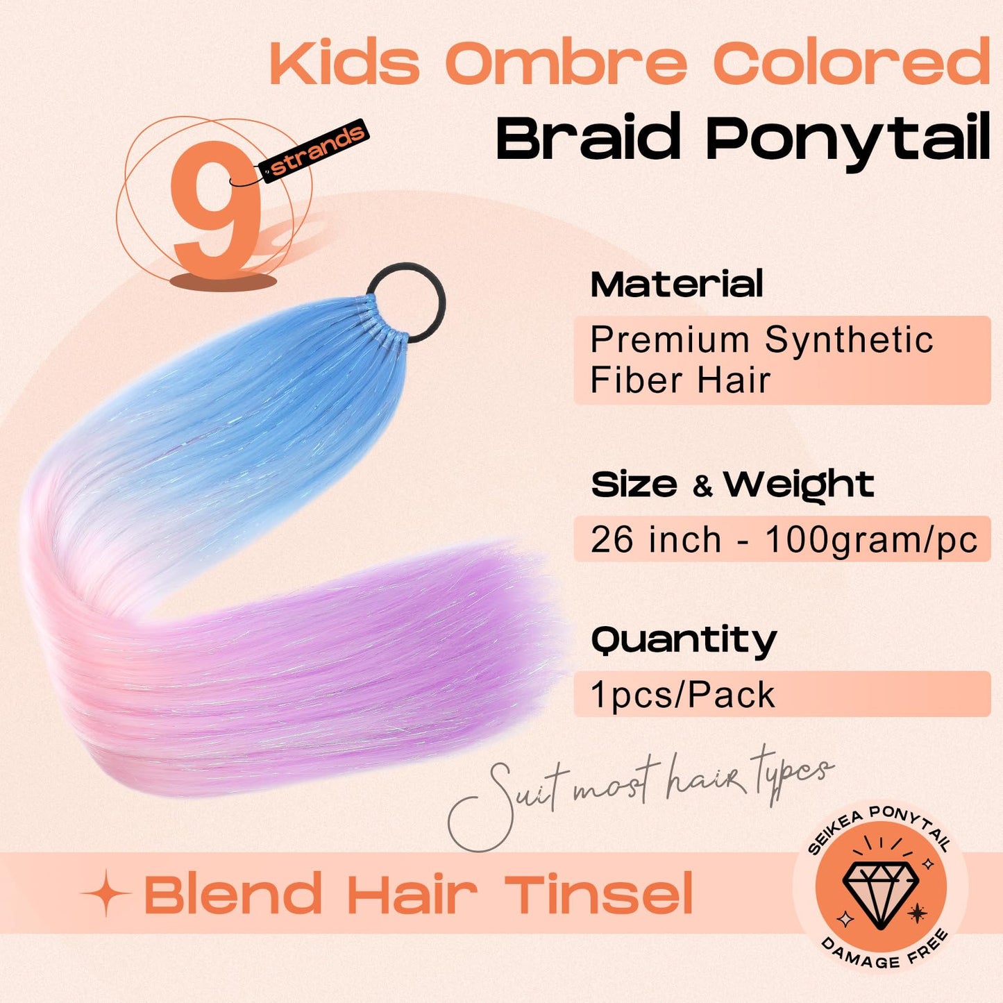 SEIKEA Colored Hair Extensions, 26" 9 Strands Lightweight Colored Hair Extensions for Kids Braid Ponytail Blend Hair Tinsel with Hair Tie, Ombre Crazy Hair Day Accessories Blue/Pink/Light Purple