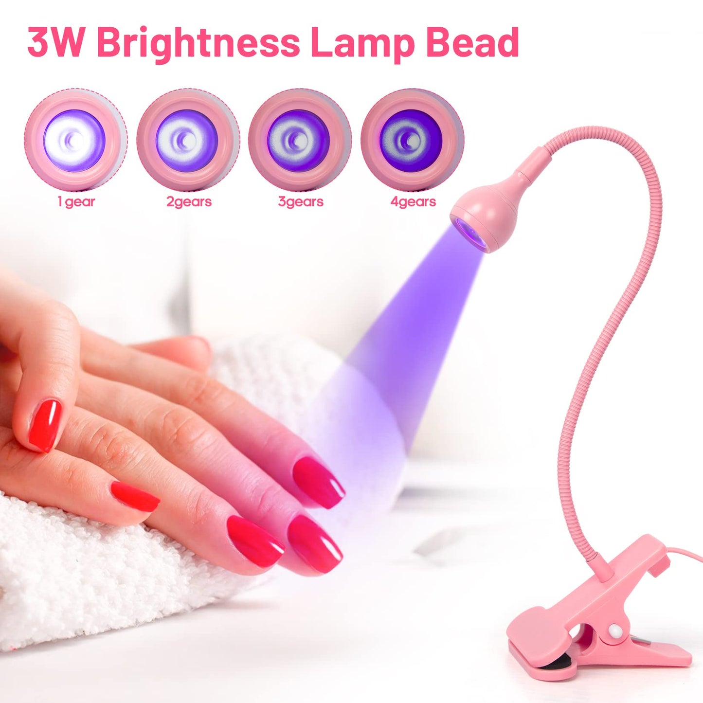 AORAEM LED Nail Lamps 3W Flexible Gooseneck Lamp Quicky Dry Nail Manicure Dryer Gel Polish Curing Light Plug Play Portable Flash Cure Light for Gel Nails Home DIY Professional Nail Art Tools Pink