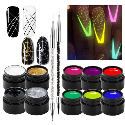 10 Colors Luminous Spider Gel, UV Gel Nail Polish with 2 Nail Art Line Pen Tools DIY Glow in The Dark Nail Art Drawing Gel for Line Neon Fluorescent Effect Manicure Decorations for Party Dance