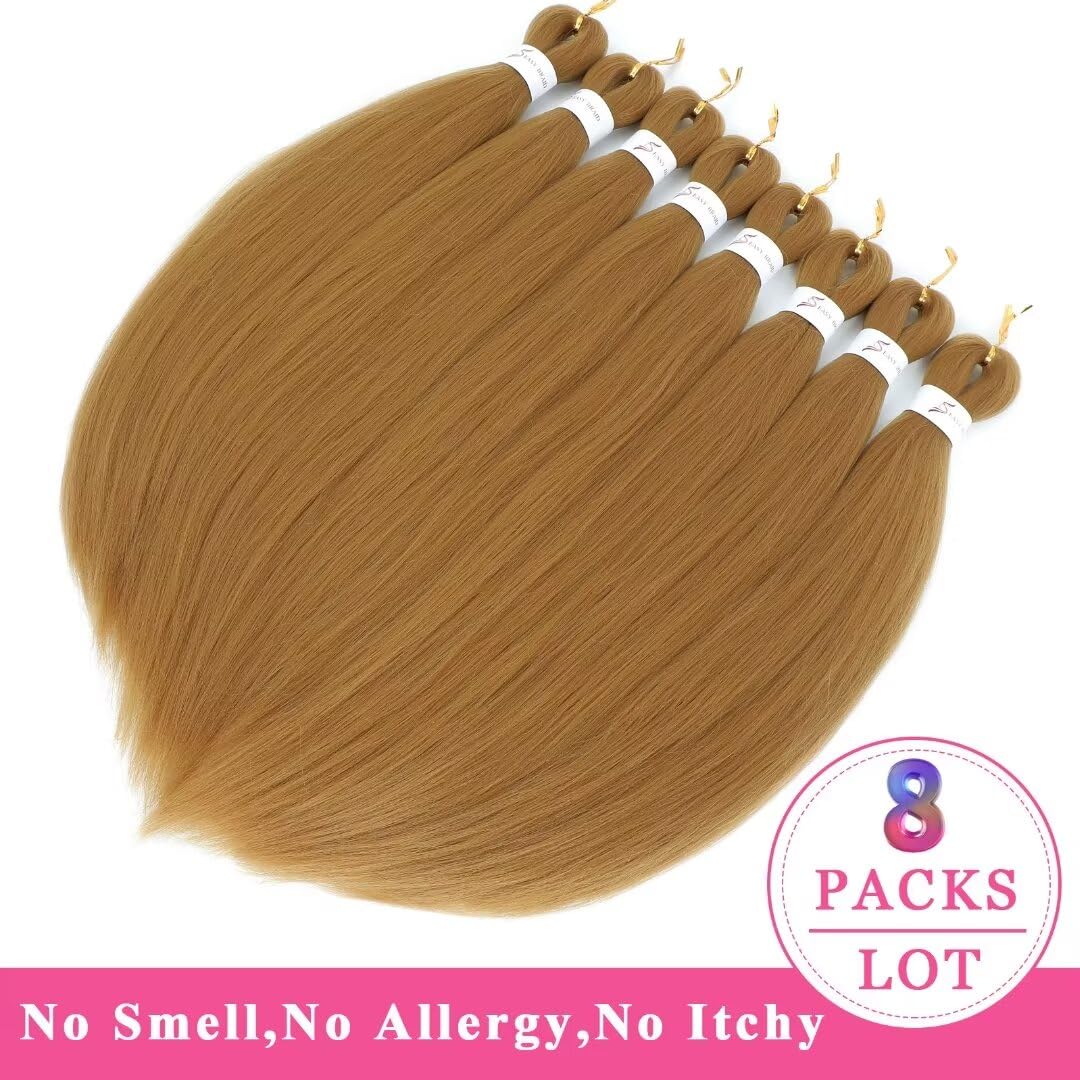 Msloosily 27 Braiding Hair Pre Stretched 8 Packs 20inch Honey Blonde Braiding Hair Pre Stretched Synthetic Fiber Crochet Braids Hair Extension Hot Watter Setting 80g/pack(#27,8Packs,20inch)