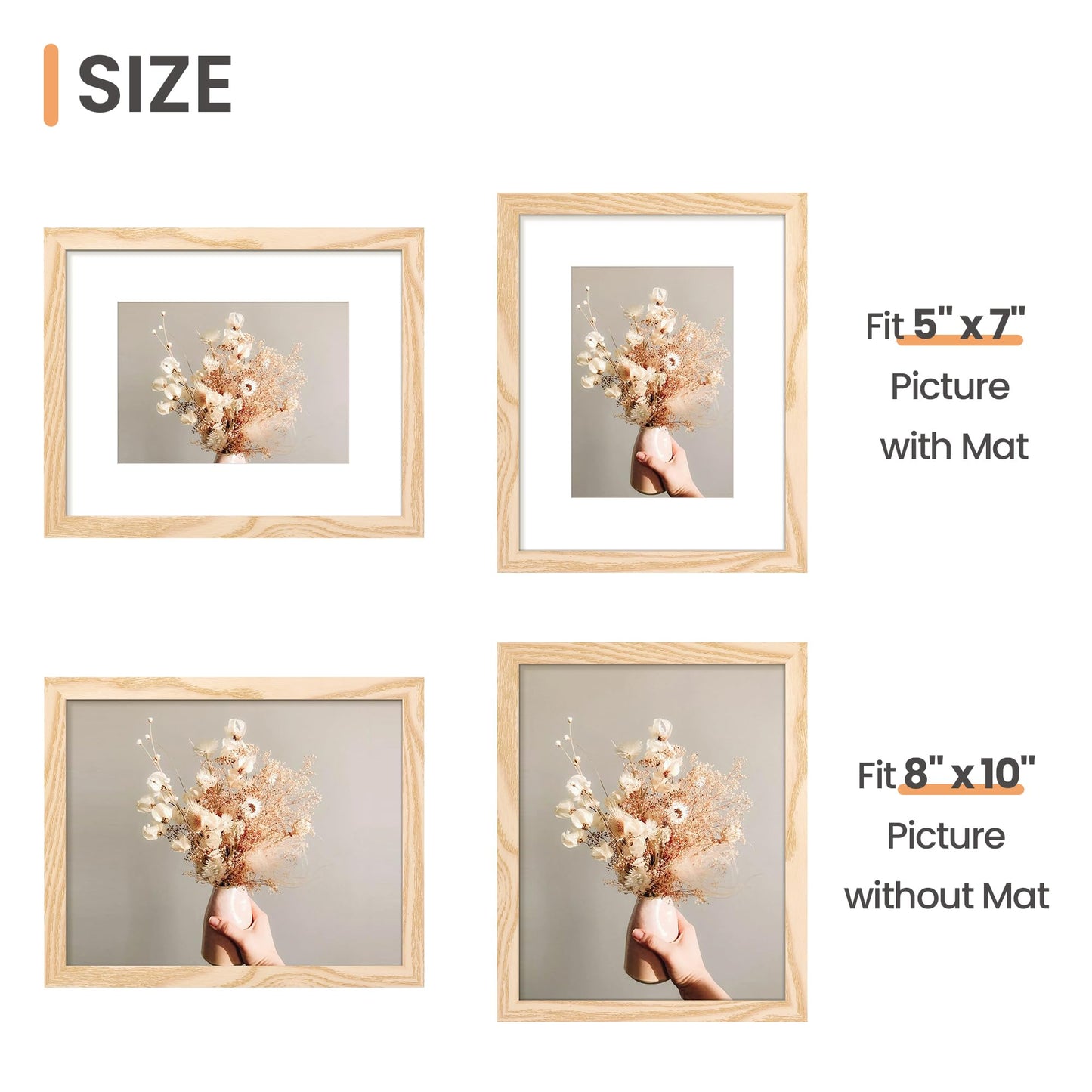 upsimples 8x10 Picture Frame Set of 5, Display Pictures 5x7 with Mat or 8x10 Without Mat, Wall Gallery Photo Frames, Natural