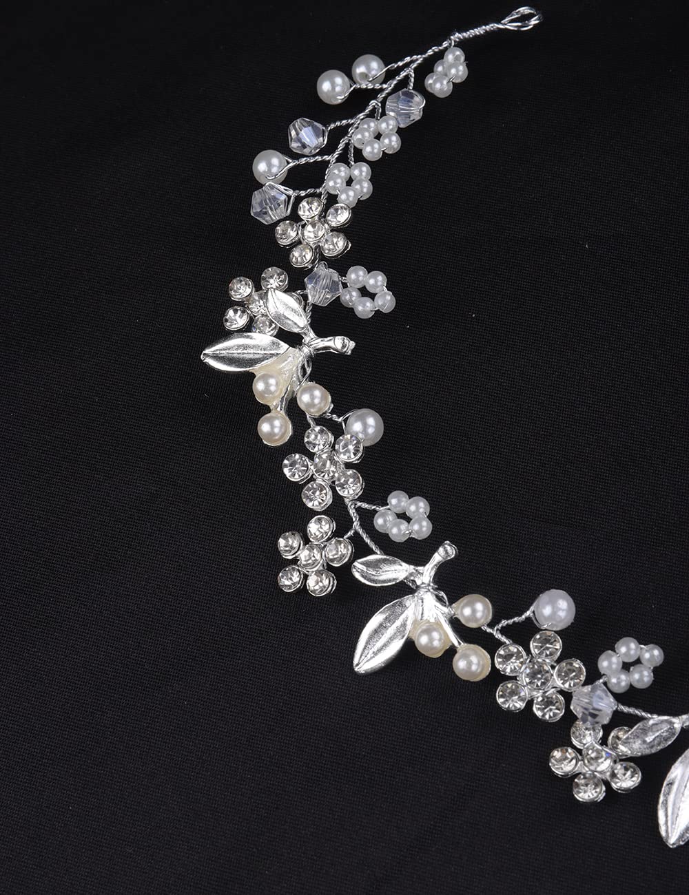 Jumwrit Flower Leaf Bridal Hairband Rhinestone Crystal Wedding Hairpiece for Women Girls Dainty Pearl Bridal Hair Accessories for Bride Bridesmaid