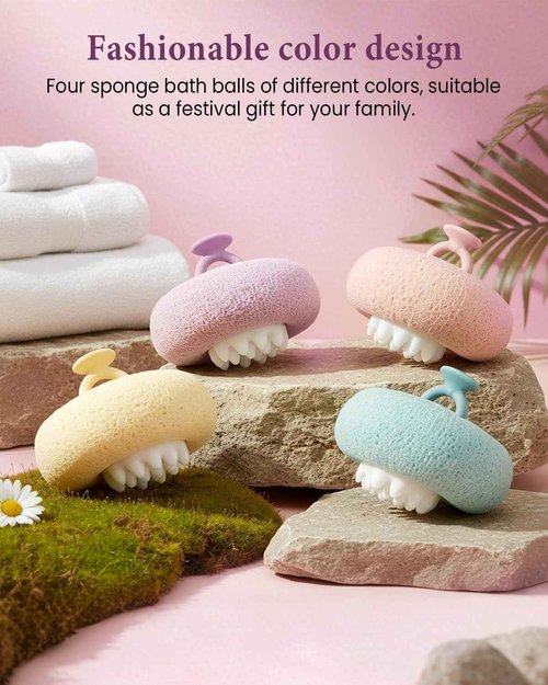 4Pcs Super Soft Sunflower Suction Cup Bath Ball, 2-in-1 Super Soft Bath Sponge Body Scrubber, Exfoliating Bath Sponge Body Wash Shower Ball for Men Women (Light Purple)
