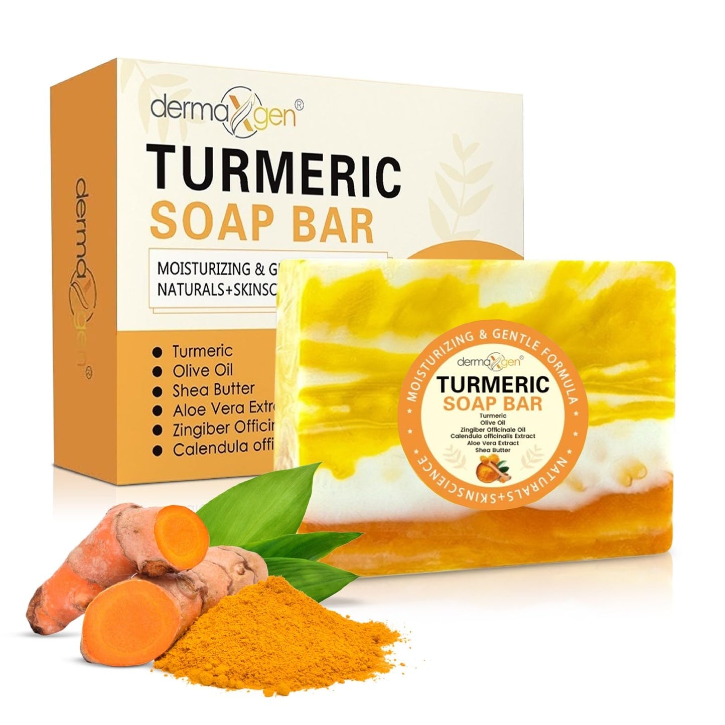 DERMAXGEN Organic Turmeric Soap Bar | Pure Natural Handcrafted Skincare, Face & Body Cleanser | Blemish Control, Reduce Acne, Evens Tone, Fades Scars, Sun Damage, Age Spots - 3.5 Oz