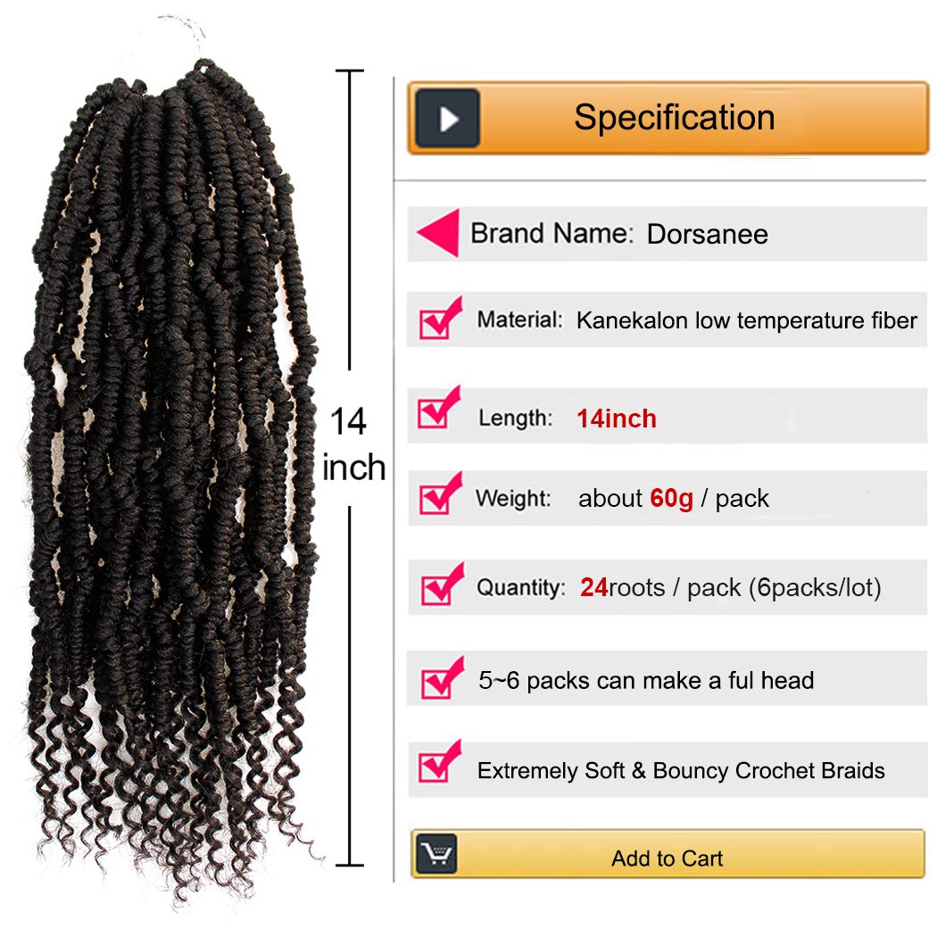 Bomb Twist Crochet Hair 14 Inch 6 Packs Mini Passion Twist Crochet Hair for Black Women Pre-looped Spring Twist Crochet Braids Nubian Twist Synthetic Hair Extension (1B#)