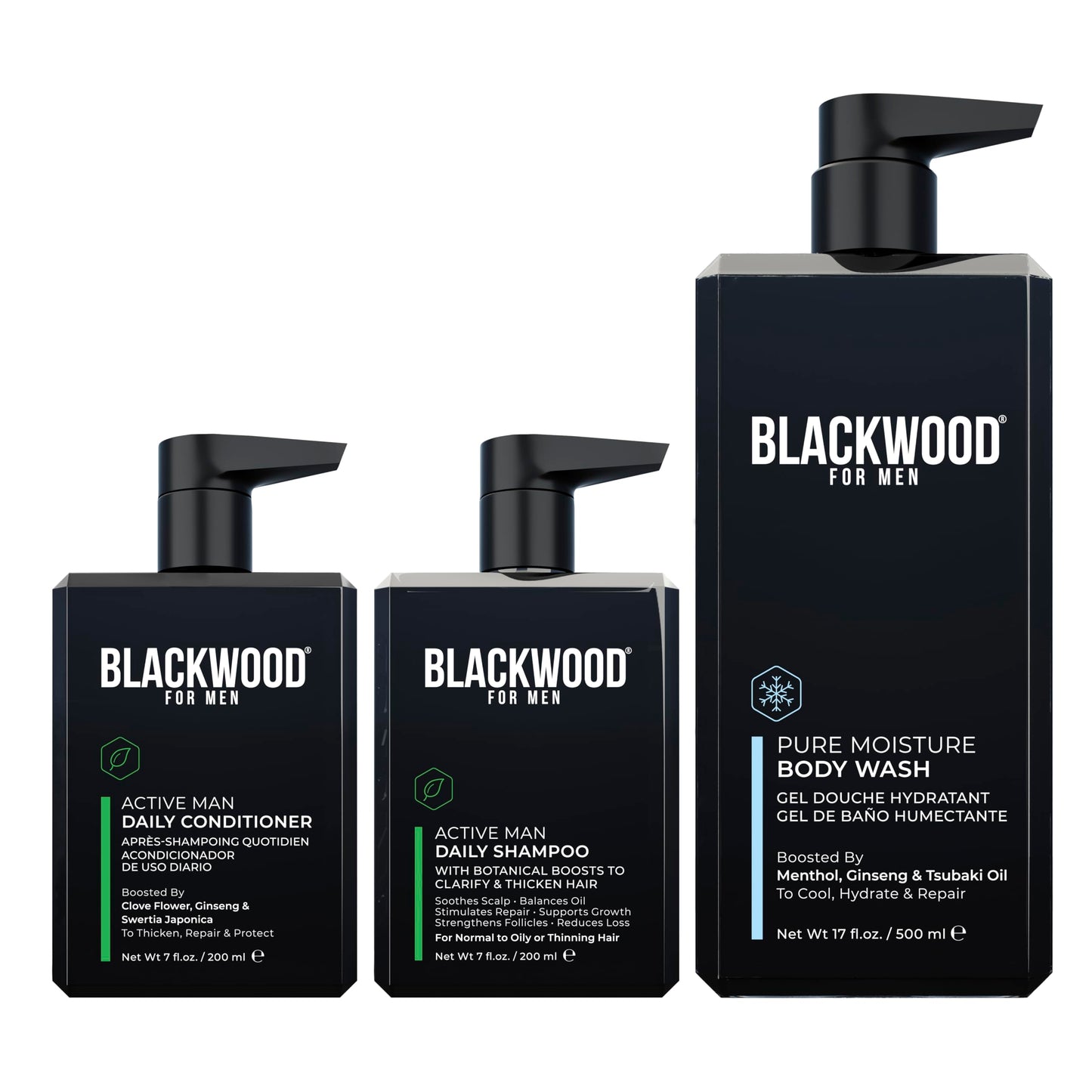 Blackwood For Men Active Man Daily Shampoo (7 Oz), Conditioner (7 Oz), & Pure Moisture Body Wash (17 Oz) Bundle - Men's Thickening Formula for Hair Loss & Dandruff - Sulfate, Paraben, & Cruelty Free