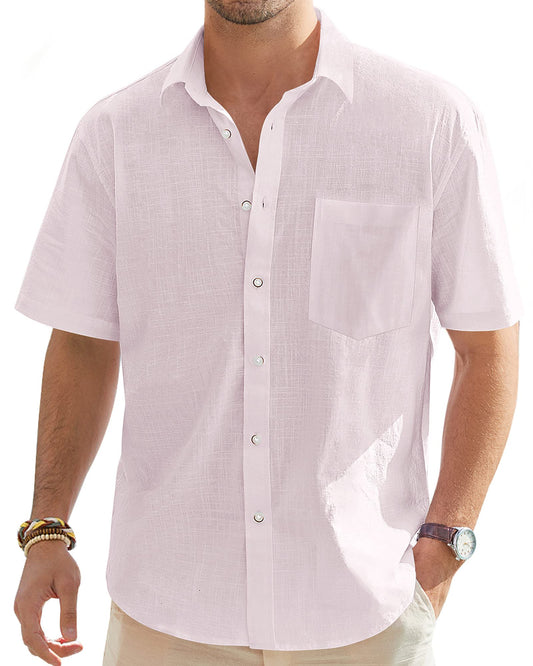 J.VER Men's Linen Cotton Button Down Shirt Lightweight Casual Wedding Short Sleeve Shirt Summer Beach Top with Pocket Light Pink Medium