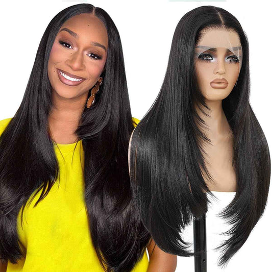 Synthetic Lace Front Wigs Pre Plucked 13x4 HD Lace Black Wigs For Women 26 Inch Long Layered Straight Wigs 100% Futura Premium Fiber Wig With Bangs Ready to Wear Beginner Friendly Daily Use
