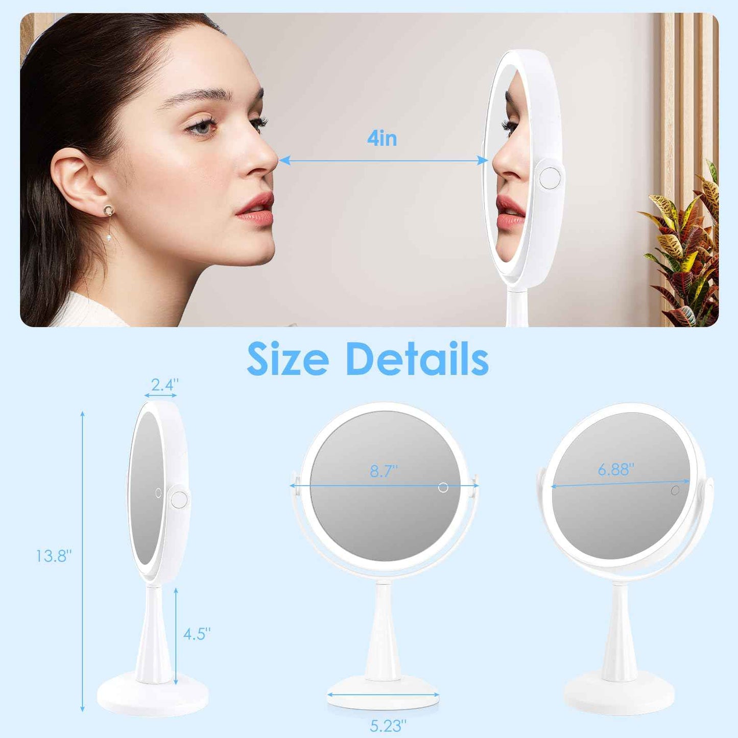 LUKYMIRO 1X 10x Magnifying Mirror with Lights, Double Sided 8" Lighted Makeup Mirror, Rechargeable, 360 Degree Rotation, White Plastic Frame, 8.6" L x 8.6" W x 13.8" H, Modern, Bathroom, Beauty, Home