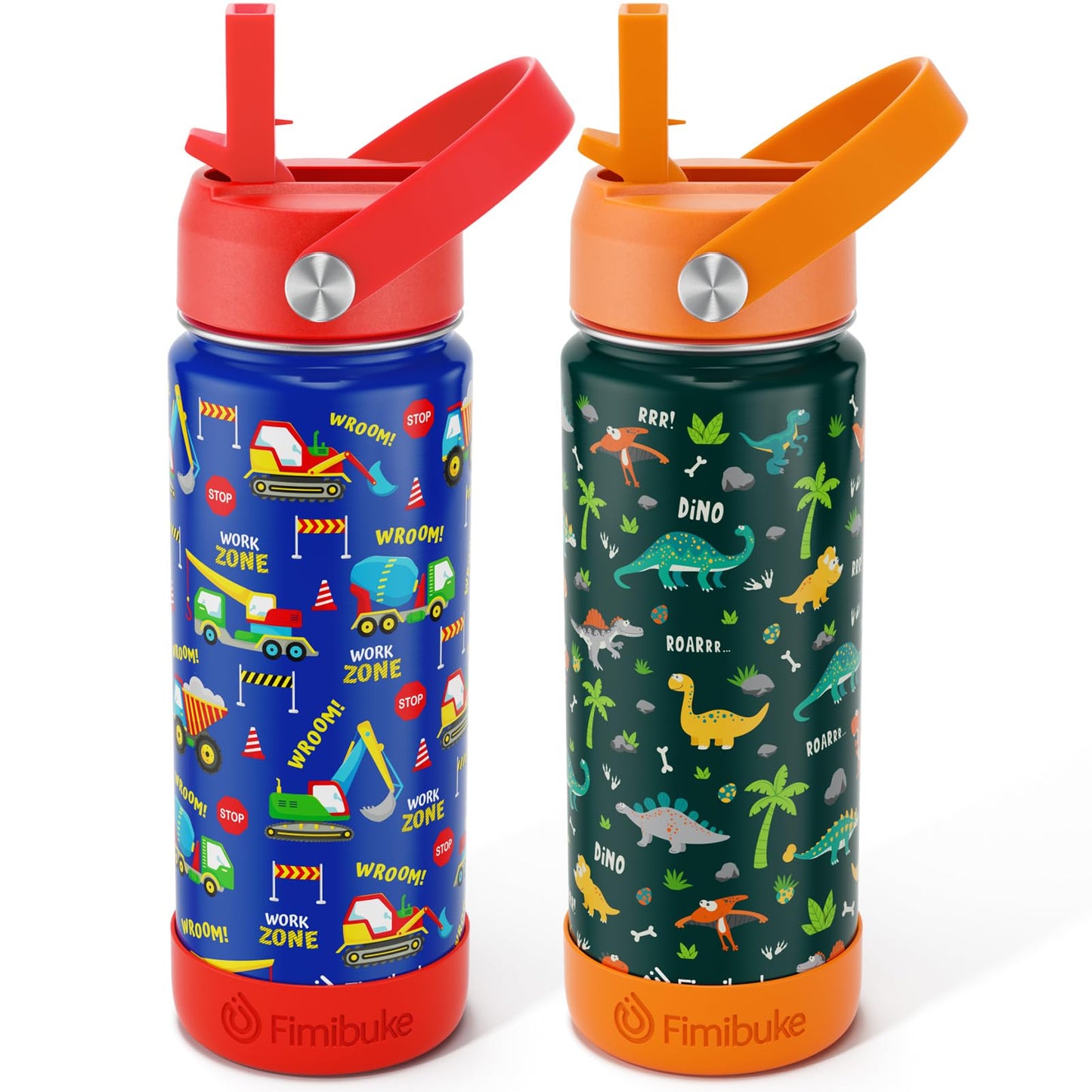 Fimibuke Kids Insulated Water Bottle - 18oz BPA-FREE Kids Cups with Straw Double Wall Vacuum Tumbler 18/8 Stainless Steel Leak Proof Toddler Water Bottle for School Boys Girls (2 Pack, Dinosaur/Truck)