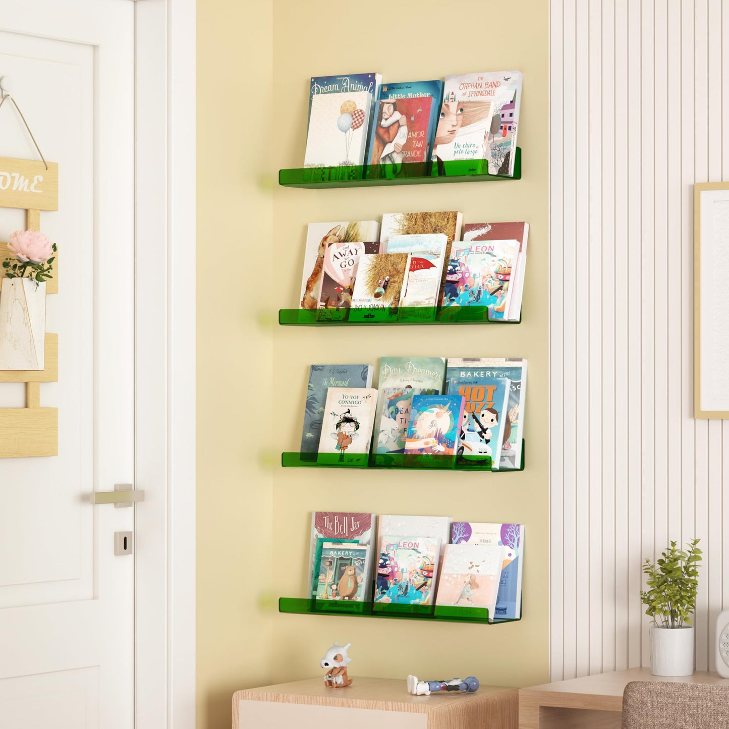 upsimples 4 Pack Acrylic Shelves for Wall Storage, 15" Floating Bookshelves for Kids, Display Shelf Organizer for Bathroom, Bedroom, Living Room, Kitchen, Room Decor, Clear Green