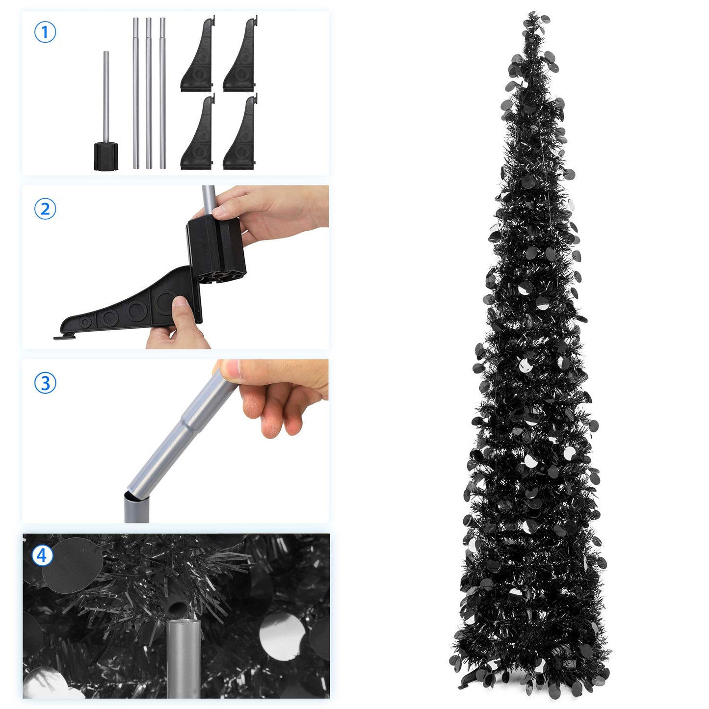 MACTING Halloween Black Tree with Lights, 5ft Pop Up Christmas Tinsel Coastal Glittery Pencil Tree for Home Holiday Party Xmas Decorations