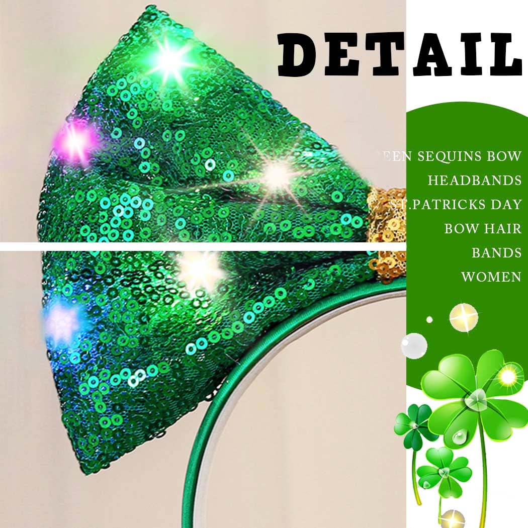 Firuilo Light Up Christmas Green Bow Headbands LED Sequins Bowknot Hair Accessories for Women