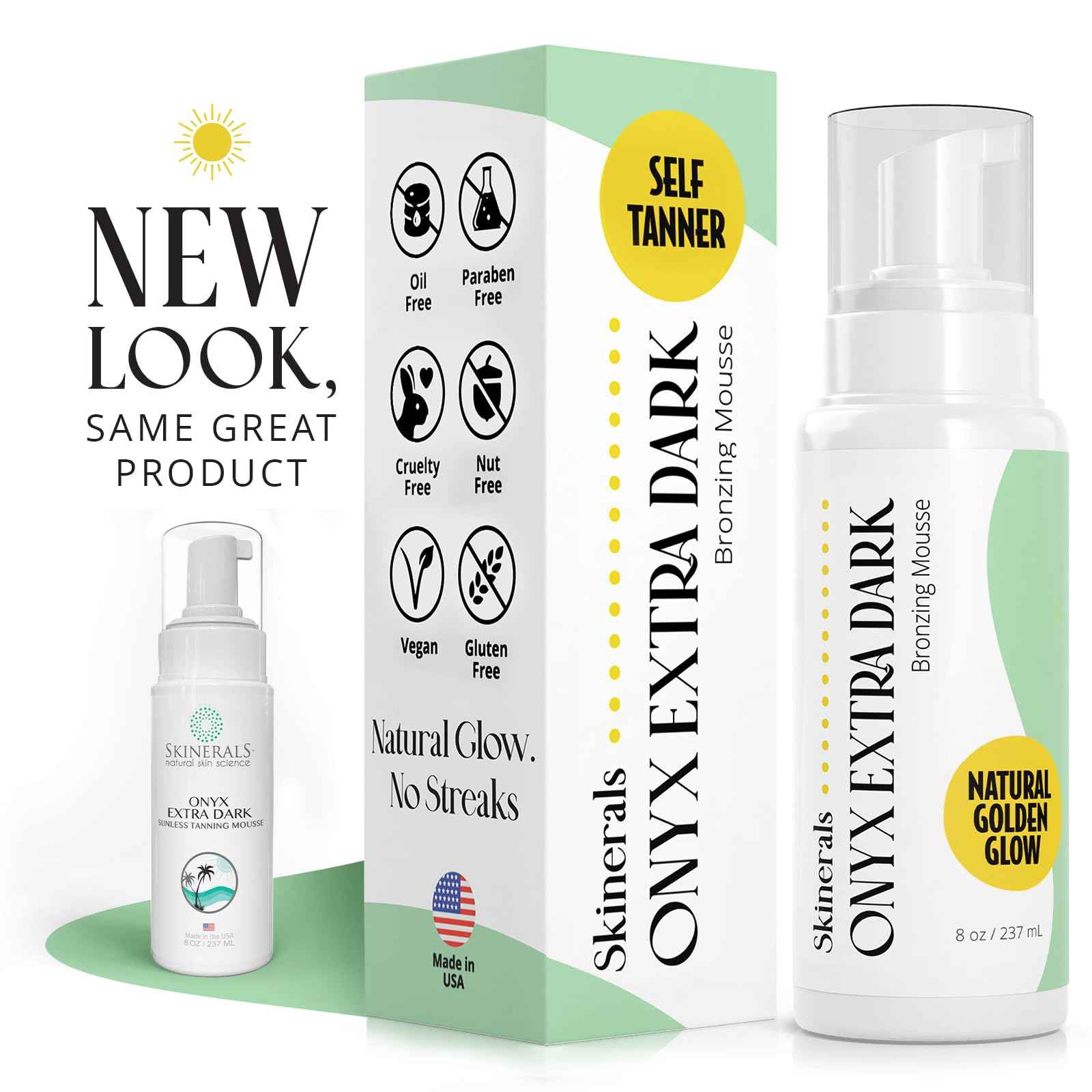 Skinerals Extra Dark Self Tanner Mousse, Organic Sunless Tanning Foam for Face & Body, Ultra Dark, Streak-Free, Quick-Drying, Long-Lasting Natural Looking Fake Tan, 8 oz, Onyx