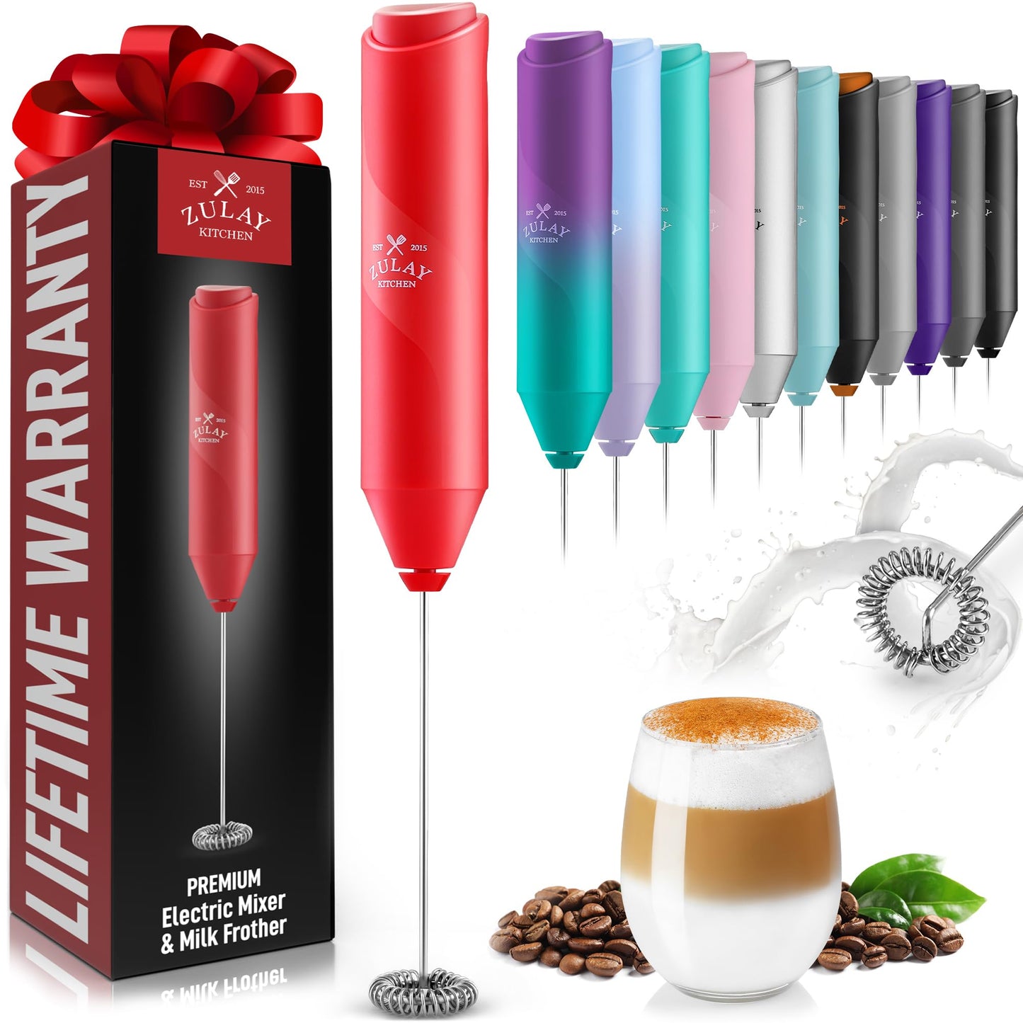 Zulay FrothMate Powerful Milk Frother for Coffee - Portable & Compact Handheld Foam Maker for Lattes, Cappuccinos, Matcha, Hot Chocolate - Milk Foamer Frother - No Stand Electric Whisk (Red)