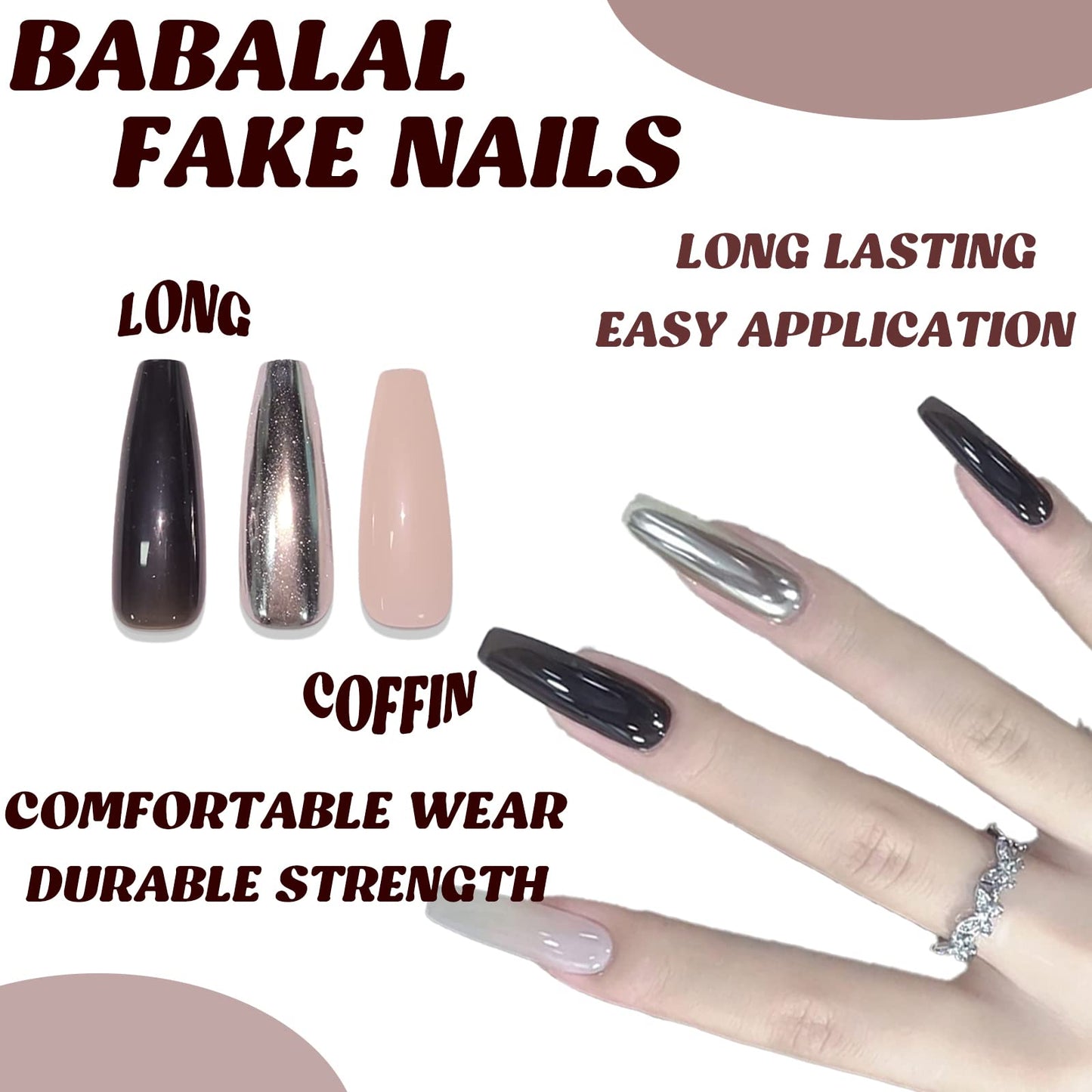 BABALAL Coffin Press on Nails Long Fake Nails Black White Glue on Nails Chrome Sliver Black Mirror Acrylic Nails Ballerina Stick on Nails for Women and Girls