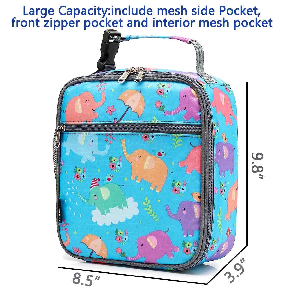 FlowFly Kids Lunch box Insulated Soft Bag Mini Cooler Back to School Thermal Meal Tote Kit for Girls, Boys, Elephant