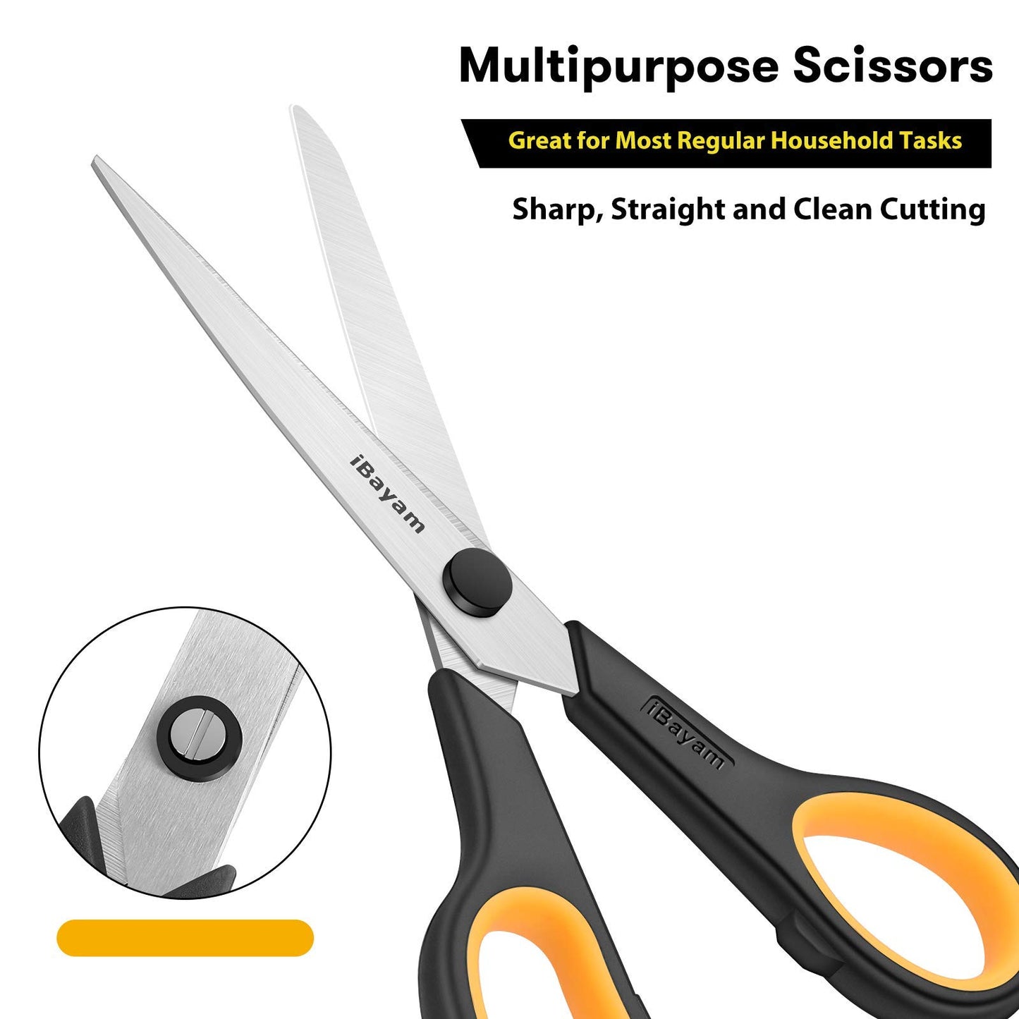 Scissors All Purpose, iBayam 8" Heavy Duty Scissors Bulk 3-Pack, 2.5mm Thickness Ultra Sharp Blade Shears with Comfort-Grip Handles for Office Home School Sewing Fabric Craft Supplies, Right/Left Hand