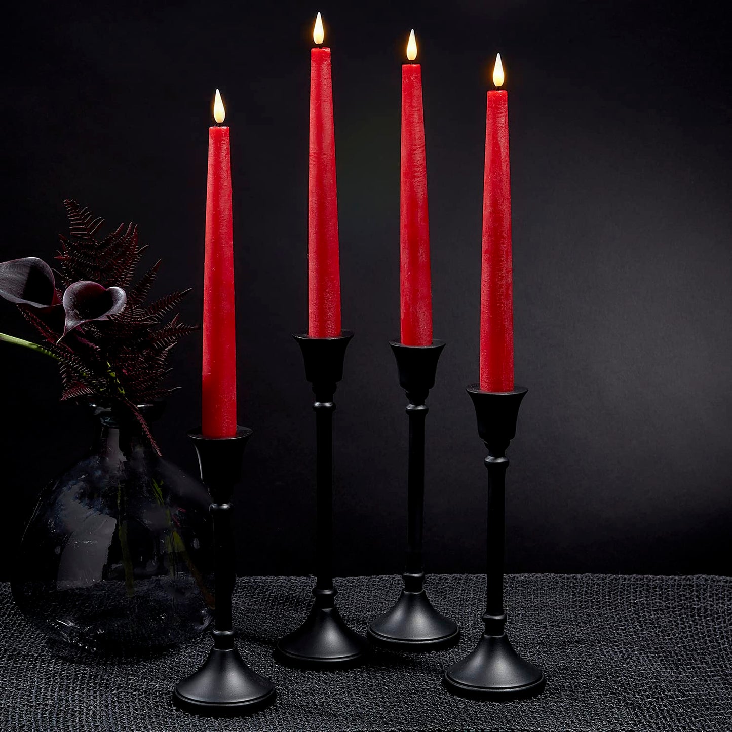 LampLust Flameless Taper Candles, Realistic 3D Flame with Wick, Real Wax, Flickering Flameless Candle LED, Remote & Batteries Included, Home Decor, Mantel & Wedding Centerpieces (9" - 4 Pack - Red)