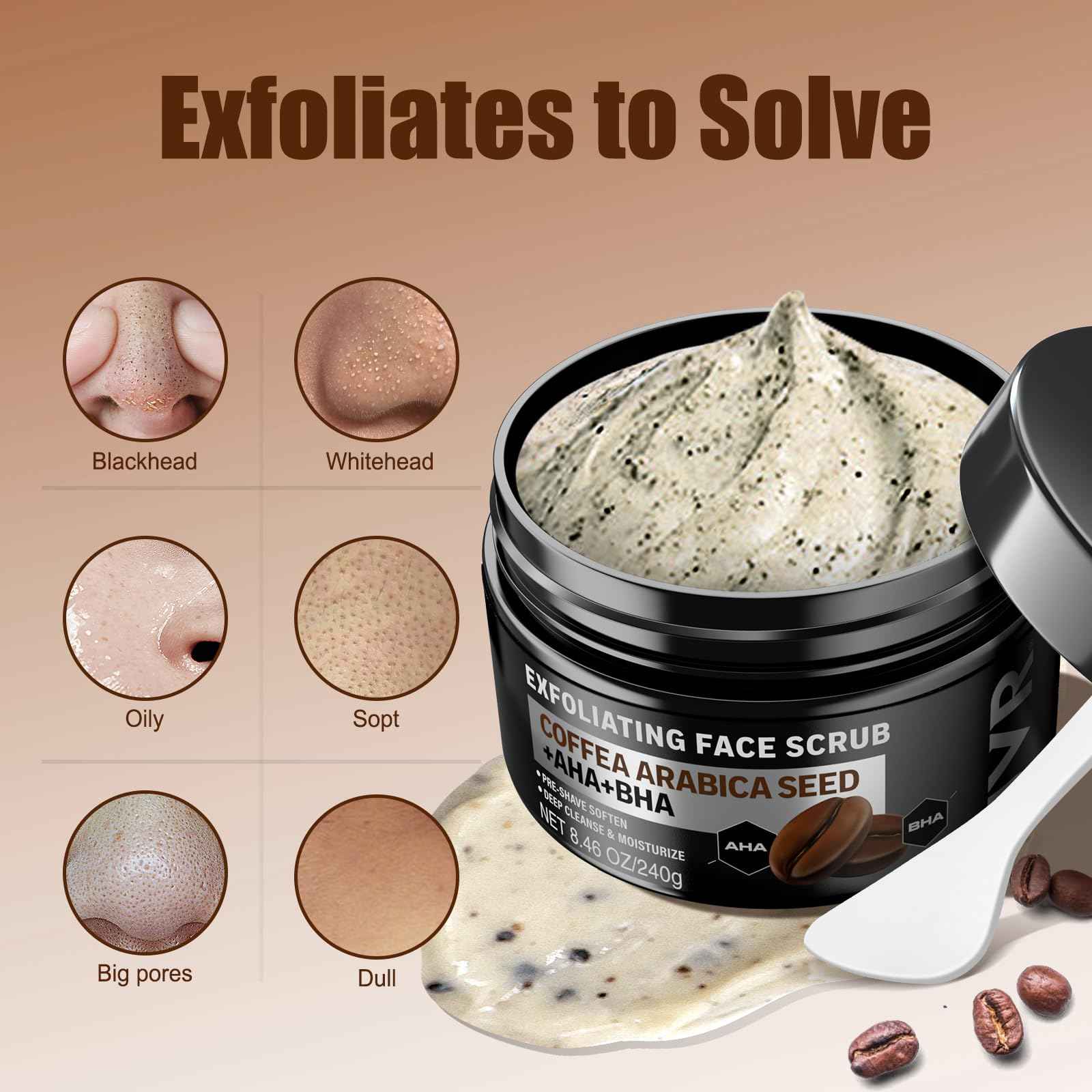 Face Scrub for Men, Facial Scrub for Deep Exfoliating, Cleansing, Removing Blackheads, Ingrown Hairs, Pre-shave Soften, Organic Formulated with Coffee Extract, AHA and BHA Face Exfoliator (8.46 oz)