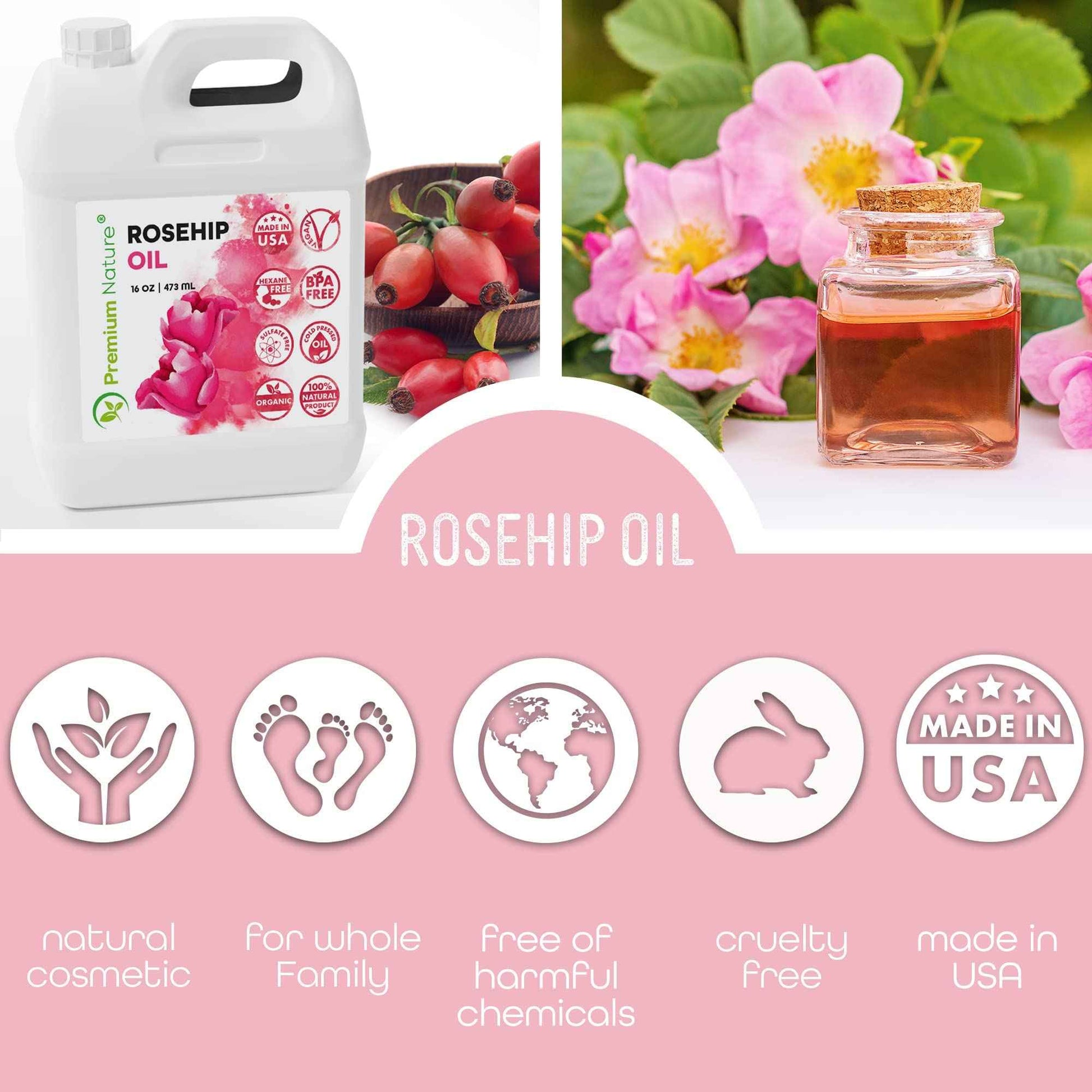 Rosehip Oil for Skin Face Body Hair Nails 16oz Cold Pressed Unrefined Rose Hip Seed Oils Moisturizing Facial Oils Bulk Aceite Rosa Mosqueta Puro 100 Organico Rose Oil For Face Oil For Dry Skin
