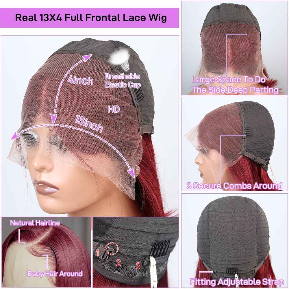 SKYDO 13x4 Lace Front Bob Wig Human Hair - 99J Burgundy, Pre-Plucked Hairline 180 Density, 8 Inch Wigs for Women