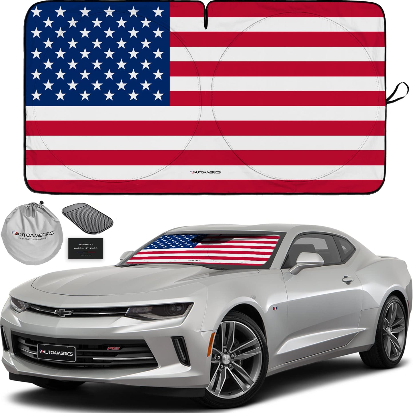 Autoamerics 1-Piece Windshield Sun Shade Original American Flag USA Patriotic Design - Foldable Car Front Window Sunshade for Sedans SUV Truck - Blocks Max UV Rays and Keeps Your Vehicle Cool - Small