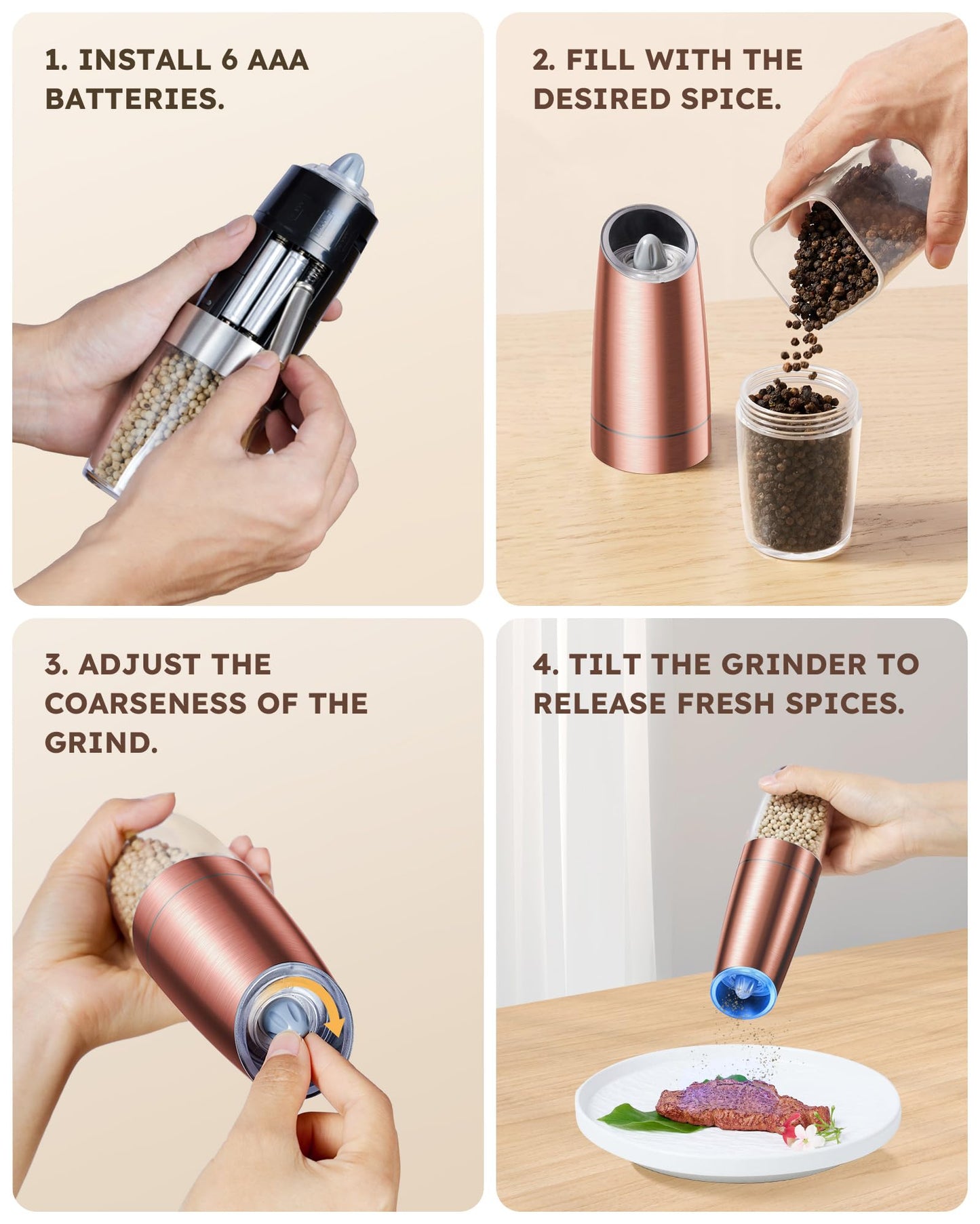 Sangcon Gravity Electric Pepper and Salt Grinder Set Automatic Shakers Mill Grinder with LED Light, Battery Powered Adjustable Coarseness One Hand Operation, Upgraded Larger Capacity