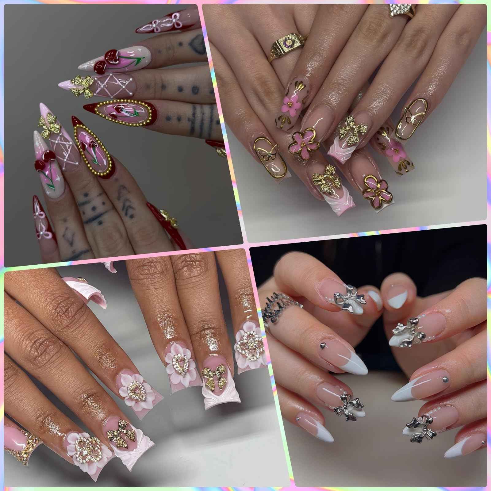 OPMADM 100Pcs Gold Nail Charms and Gems Charms for Nails Design Gold Charms for Nails Metal Bow Cherry Butterfly Cross Heart Star and Flowers