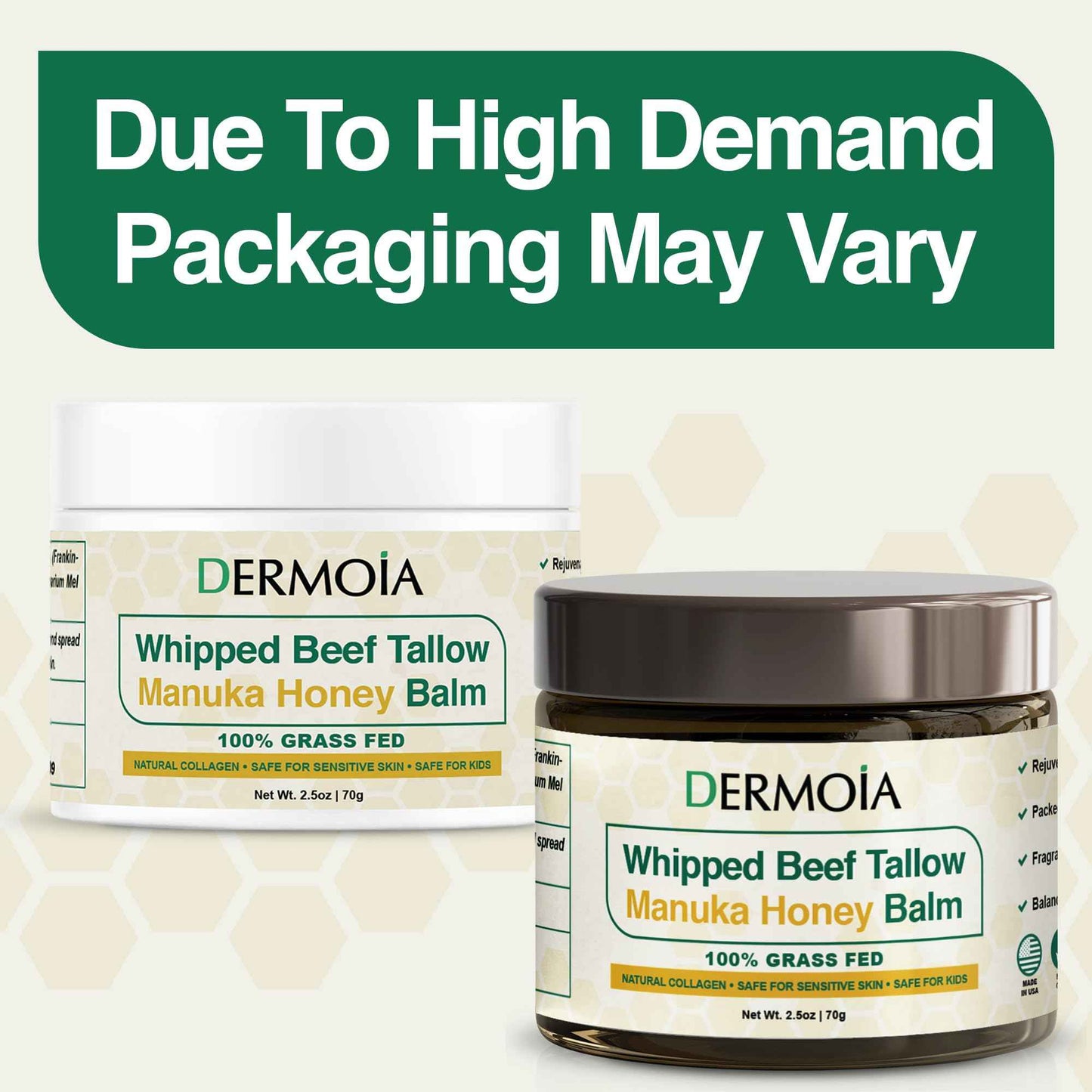 DERMOIA Grass Fed Whipped Beef Tallow for Skin with Manuka Honey - Silky Smooth, Fast Absorbing Tallow & Honey Balm - Ideal for Kids & Eczema Prone Area - Whipped Moisturizer for Dry & Sensitive Skin