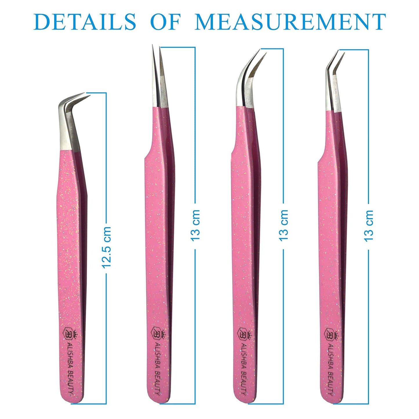 LUMESS Alishba Beauty Eyelash Extension Tweezers, Precision Fiber Tip Grip Japanese Stainless Steel (Set of 4 Eyelash Tweezer) (GLITTER PINK)