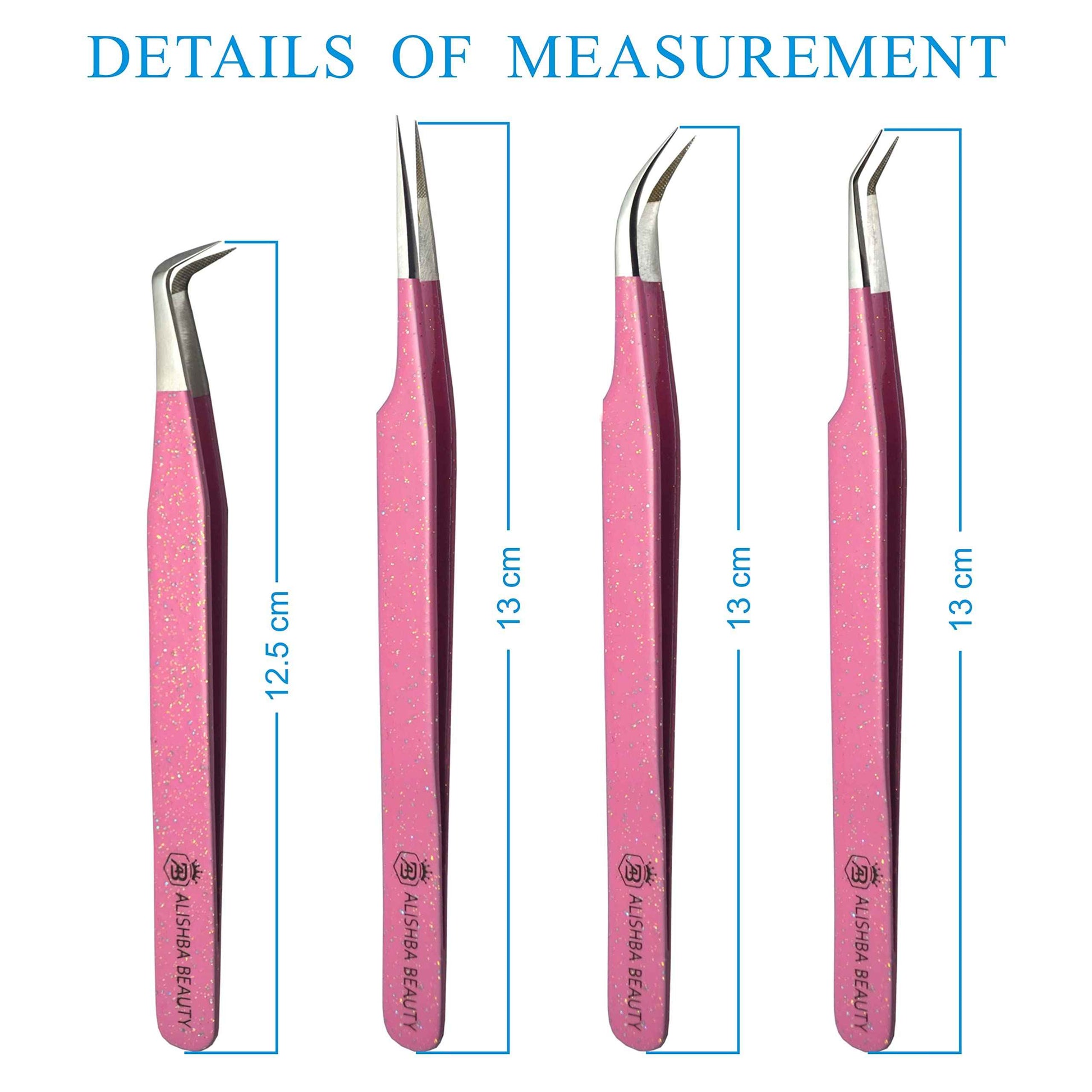 LUMESS Alishba Beauty Eyelash Extension Tweezers, Precision Fiber Tip Grip Japanese Stainless Steel (Set of 4 Eyelash Tweezer) (GLITTER PINK)