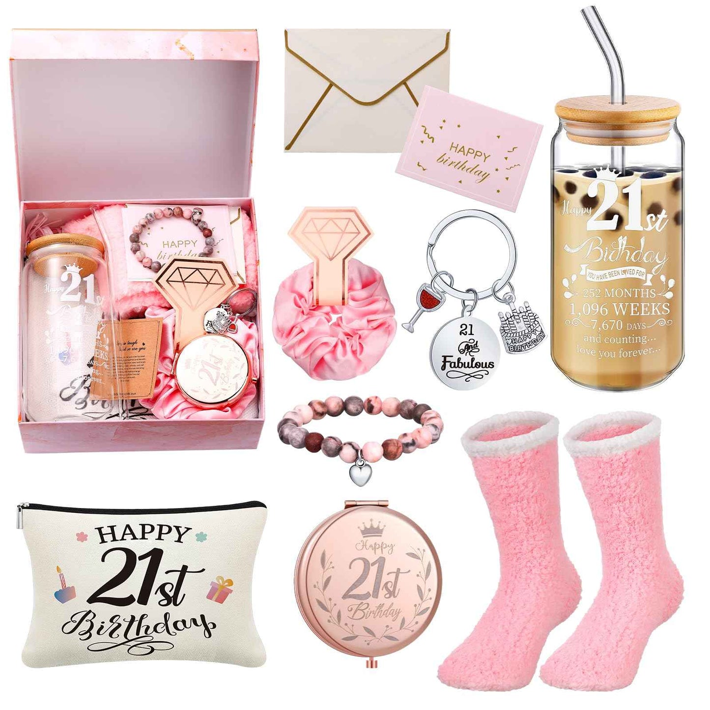Yungyan 9 Pcs 21th Birthday Gifts for Her Bday Gift Basket Include Makeup Bag 18 oz Glass Cup Socks Keychain Thank You Card Funny Unique Present for Mom Women Female Daughter Born in 2004, 21 Fabulous